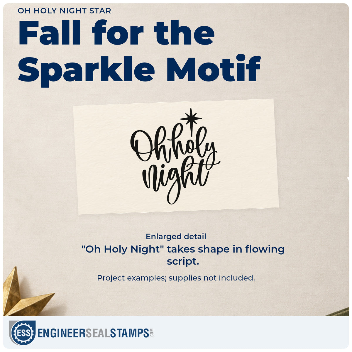 Enlarged detail of the Oh Holy Night Star Rubber Stamp – Duo Hand imprint. “Oh Holy Night” appears in flowing script beneath a radiant star.