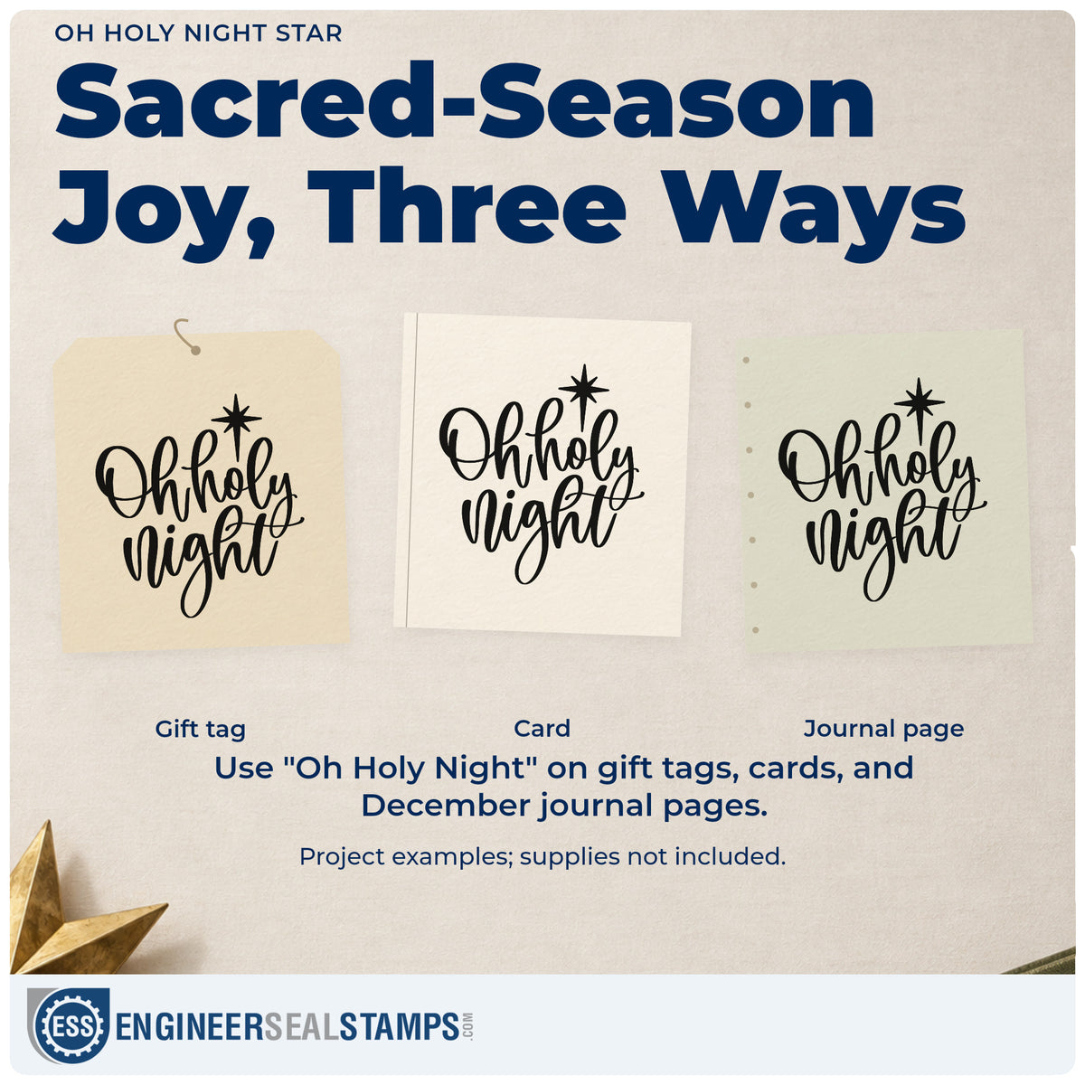 Three project examples made with the Oh Holy Night Star Rubber Stamp – Duo Hand, including solo practice sheet.