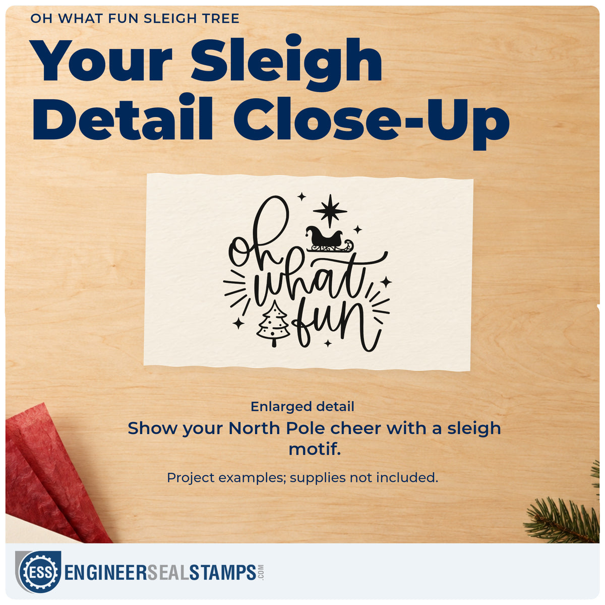 Enlarged detail of the Oh What Fun Sleigh Tree With Stars Stamp – PSI Pre-Inked imprint. “Oh What Fun” features Santa's sleigh, a Christmas tree, stars, and accent rays.