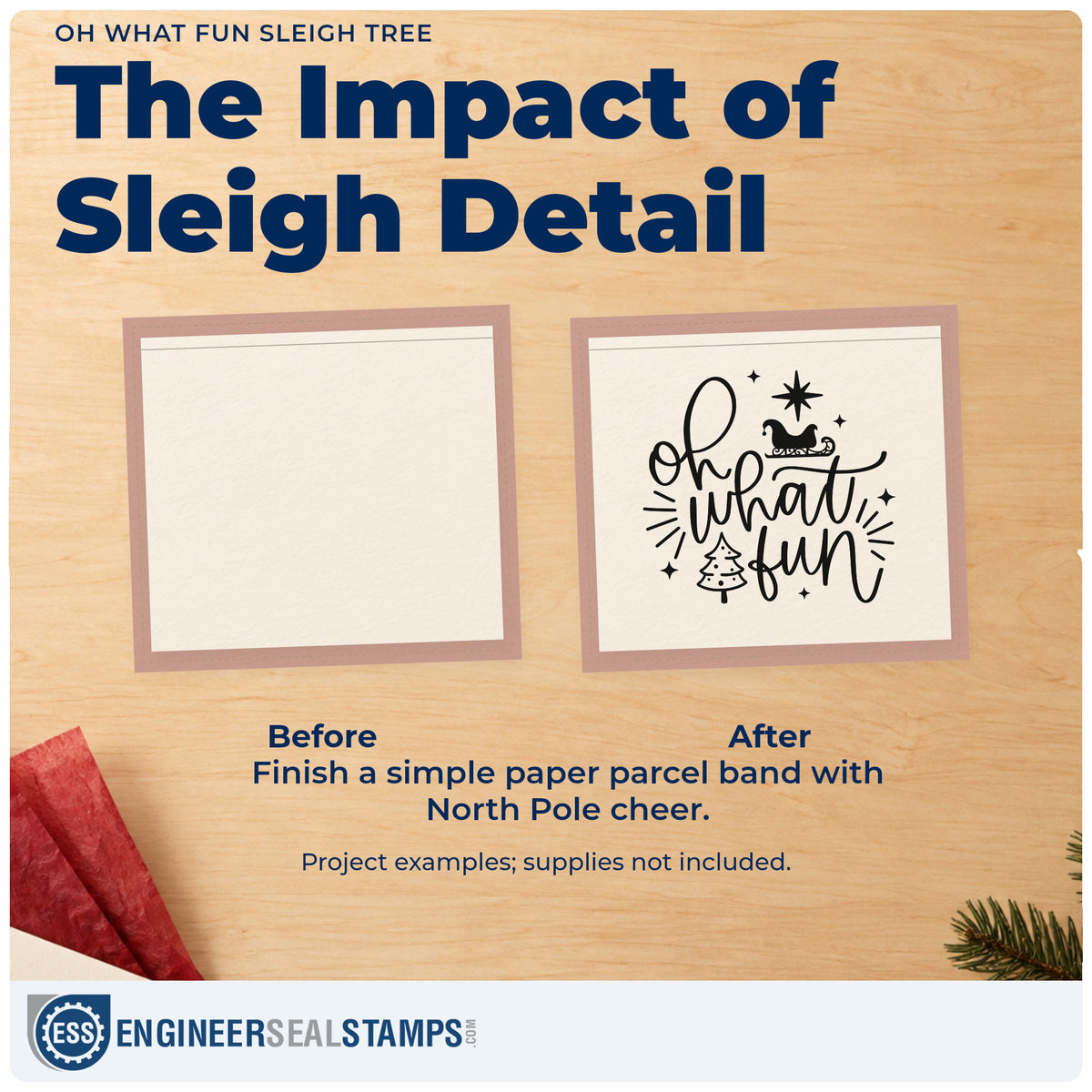 Before and after of a plain item finished with the Oh What Fun Sleigh Tree With Stars Slim Pre-Inked Stamp, a quick upgrade for framed game closet.