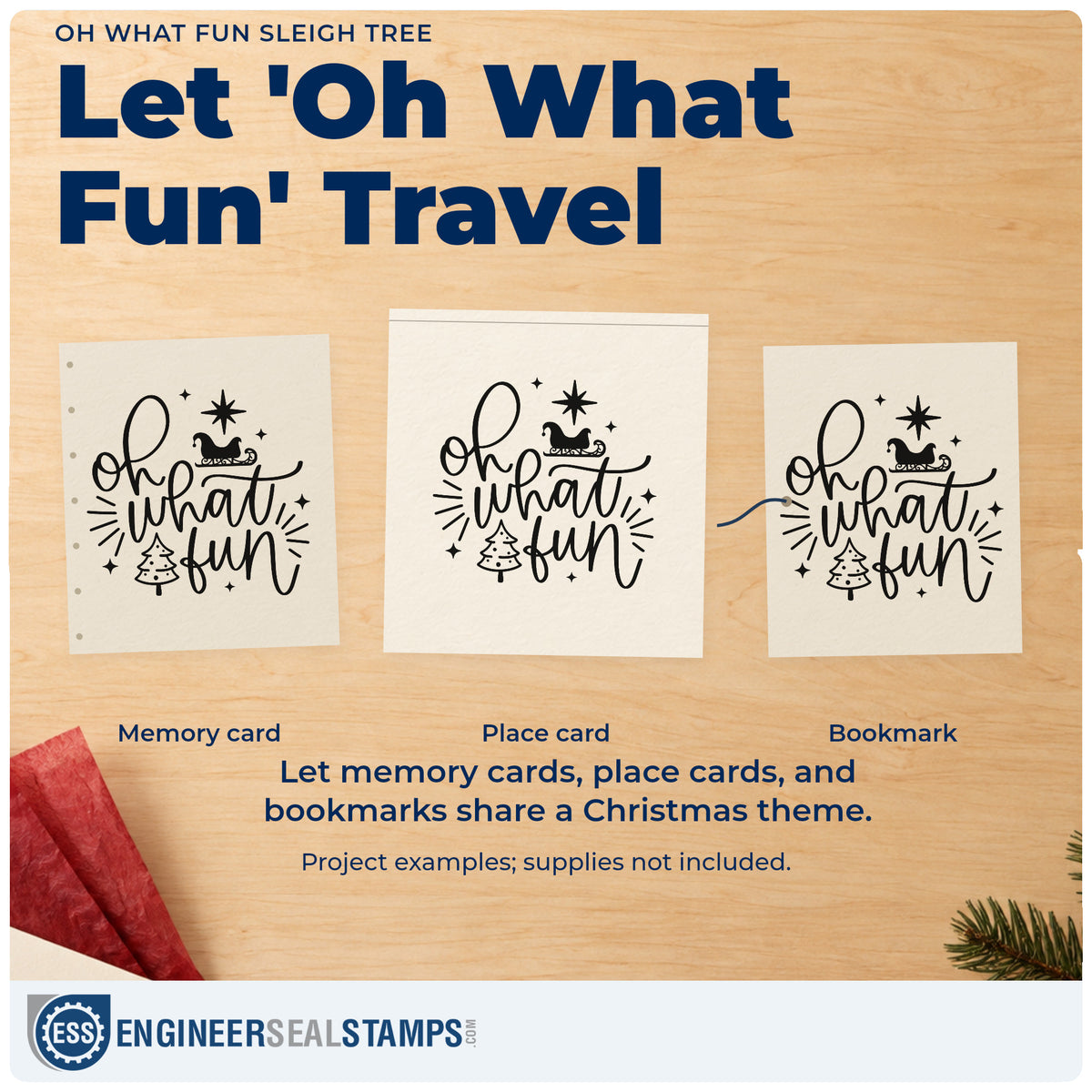 Three project examples made with the Oh What Fun Sleigh Tree With Stars Slim Pre-Inked Stamp, including score tally sheet.