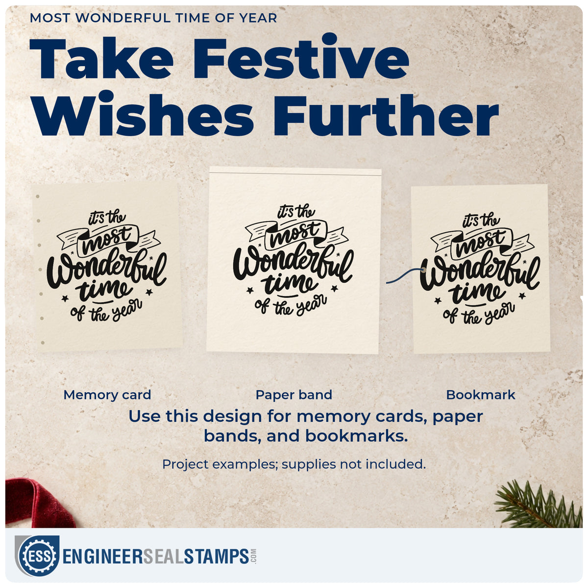 Three project examples made with the It's The Most Wonderful Time Of The Year Stamp – Slim Pre-Inked, including break countdown sheet.