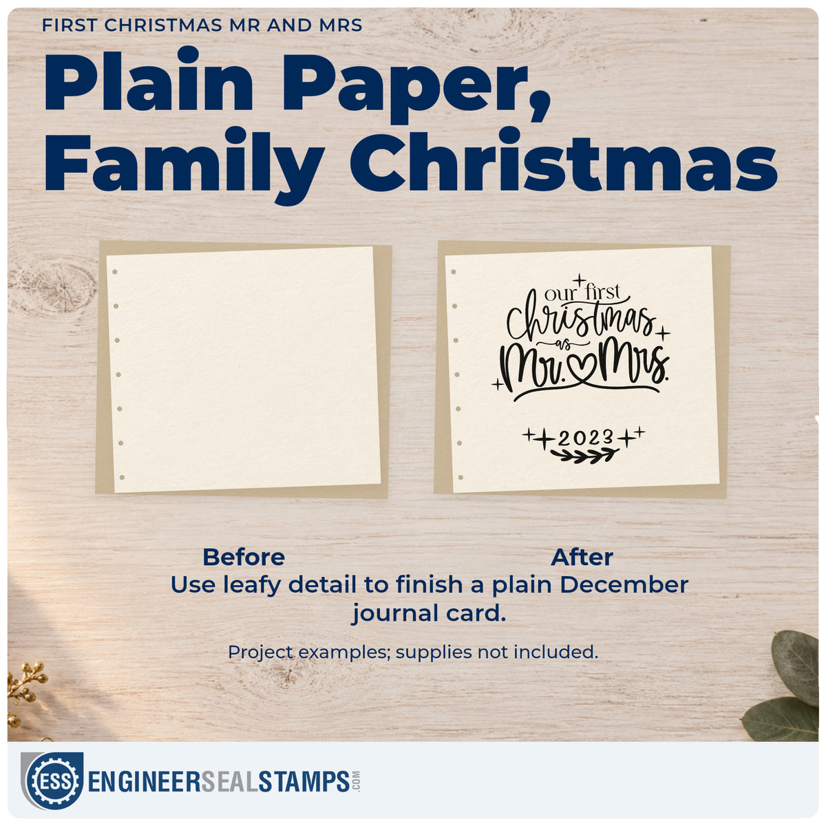 Before and after of a plain item finished with the Our First Christmas As Mr. & Mrs Wood Handle Stamp, a quick upgrade for apron pair printing.