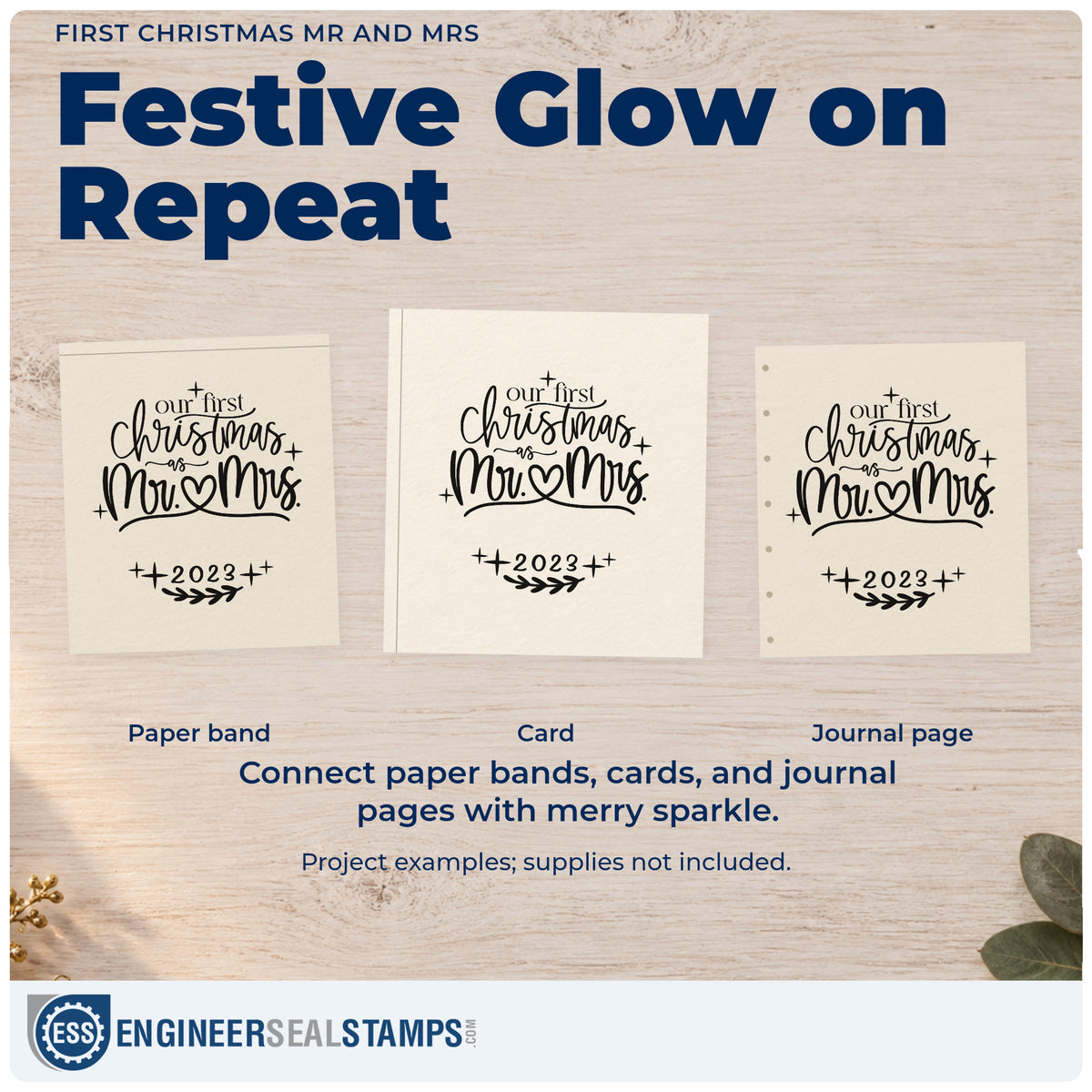 Three project examples made with the Our First Christmas As Mr. & Mrs Wood Handle Stamp, including registry gift tags.