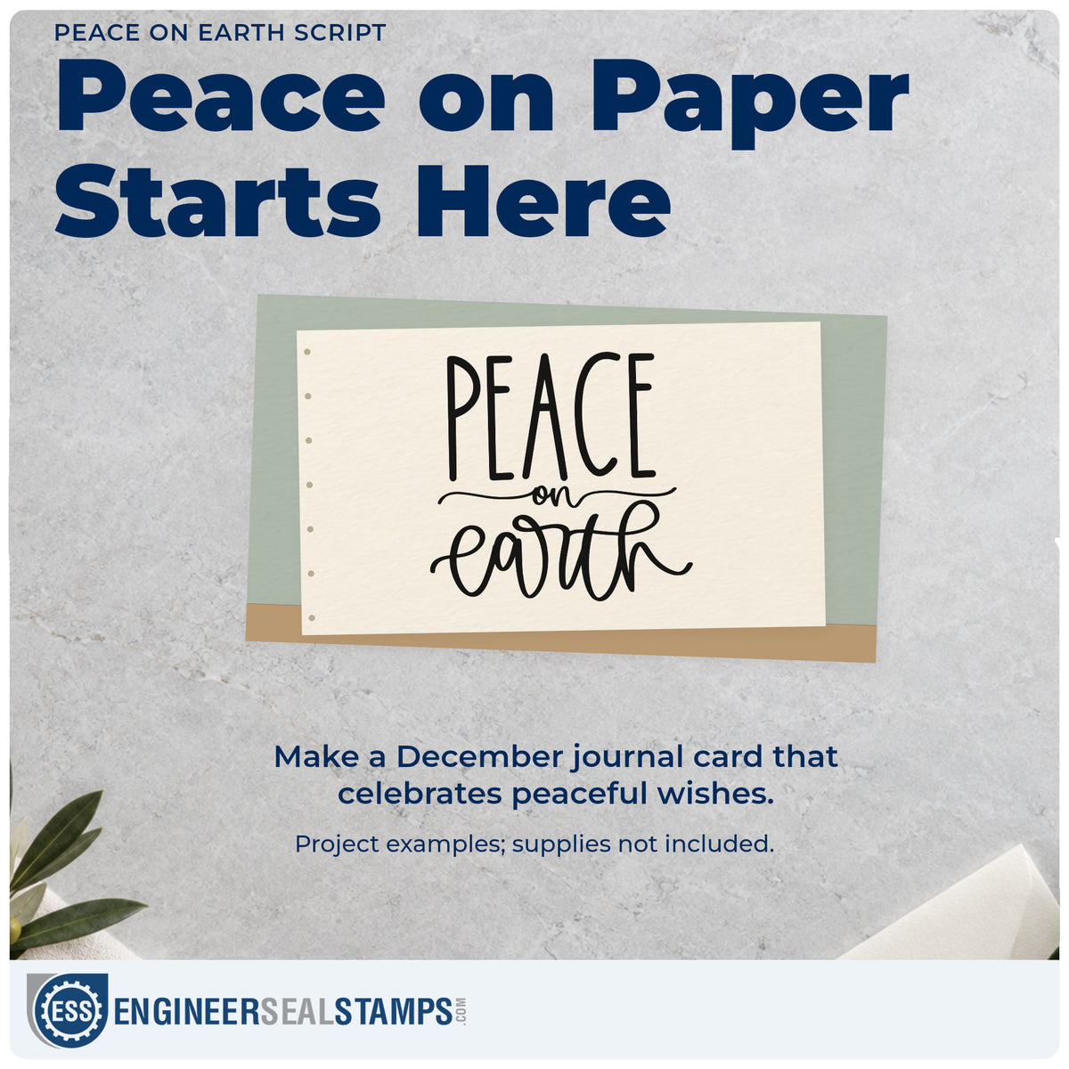 A finished handmade project stamped with the Peace On Earth Script Hand Stamp – Duo, ideal for reflection album page.