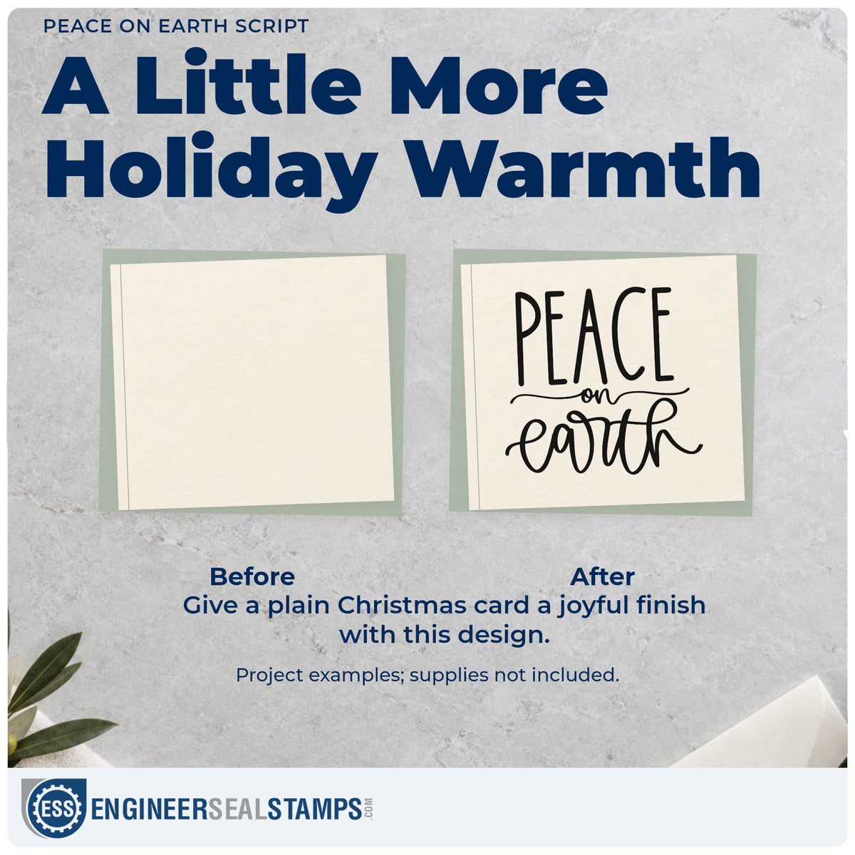 Before and after of a plain item finished with the Peace On Earth Script Craft Stamp – Self-Inking, a quick upgrade for framed studio entry.