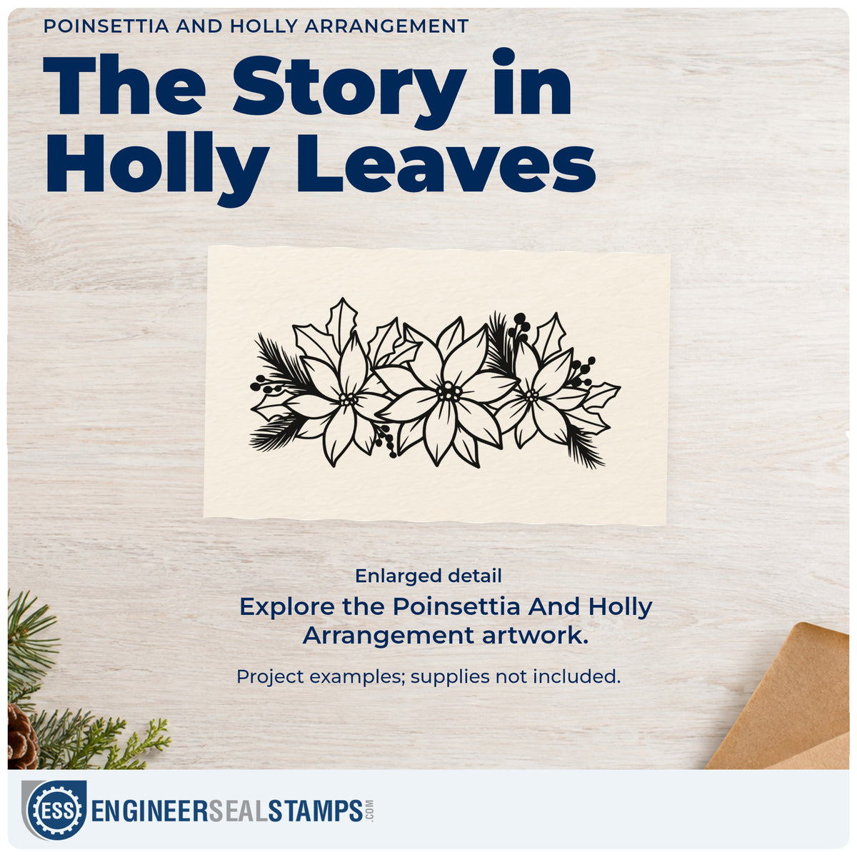 Enlarged detail of the Poinsettia And Holly Arrangement Floral Accents Self-Inking Stamp imprint. A horizontal arrangement combines large poinsettia flowers, holly leaves, and evergreen sprigs.