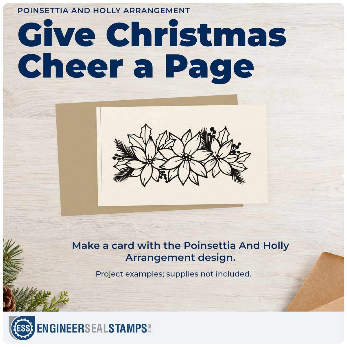 A finished handmade project stamped with the Poinsettia And Holly Arrangement Floral Accents Compact Pre-Inked Stamp – Slim, ideal for arrangement album page.