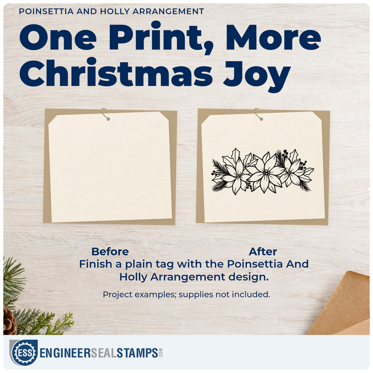 Before and after of a plain item finished with the Poinsettia And Holly Arrangement Floral Accents Self-Inking Stamp, a quick upgrade for framed wide panel.