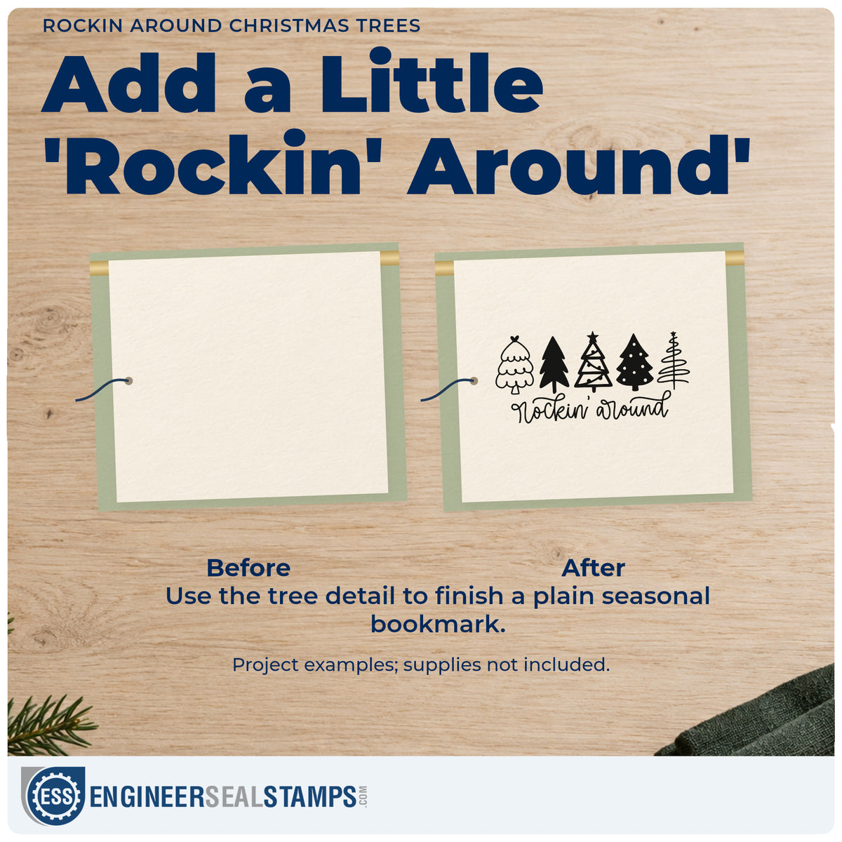 Before and after of a plain item finished with the Rockin Around Christmas Trees Stamp – Self-Inking, a quick upgrade for framed console shelf.