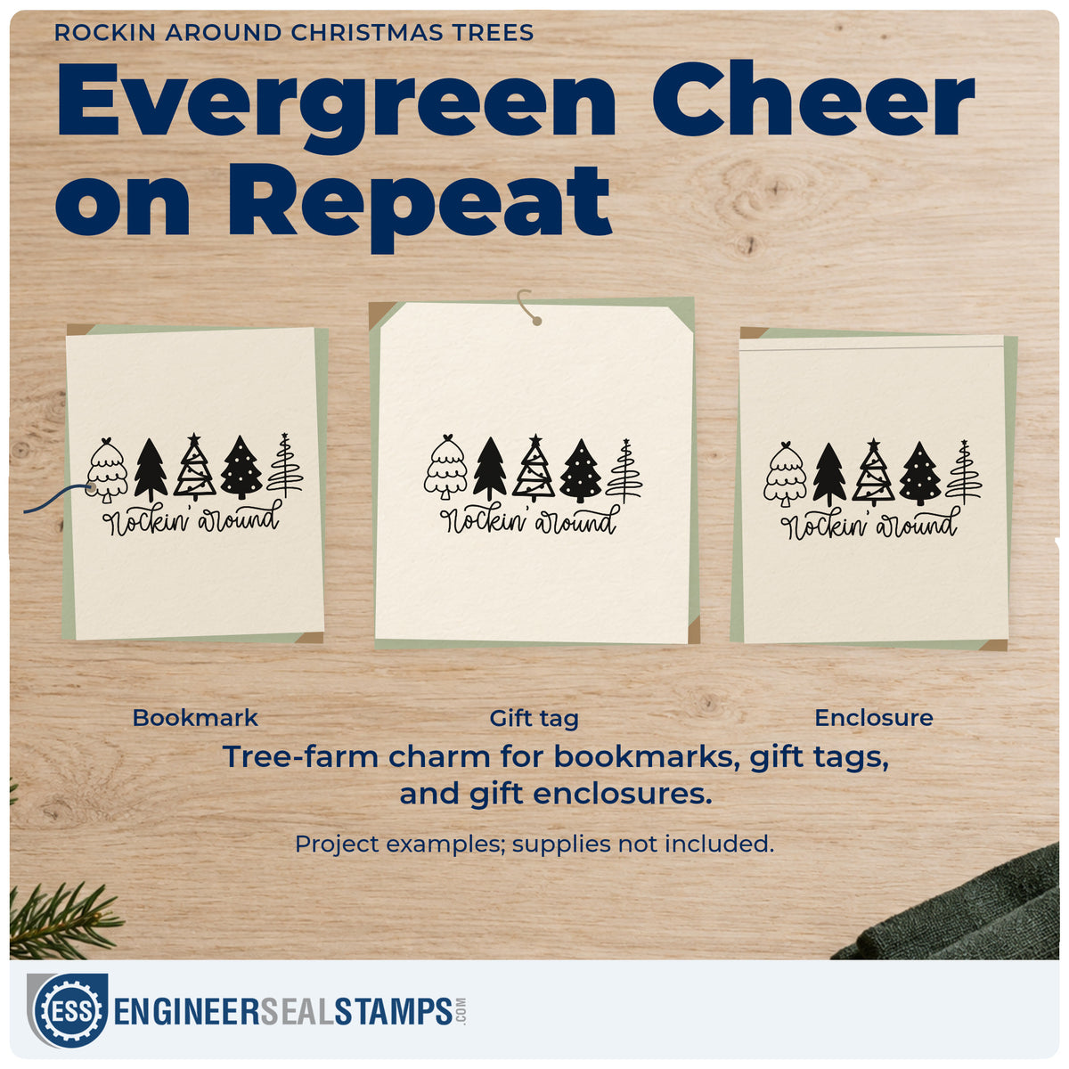 Three project examples made with the Rockin Around Christmas Trees Stamp – Self-Inking, including decor sourcing sheet.