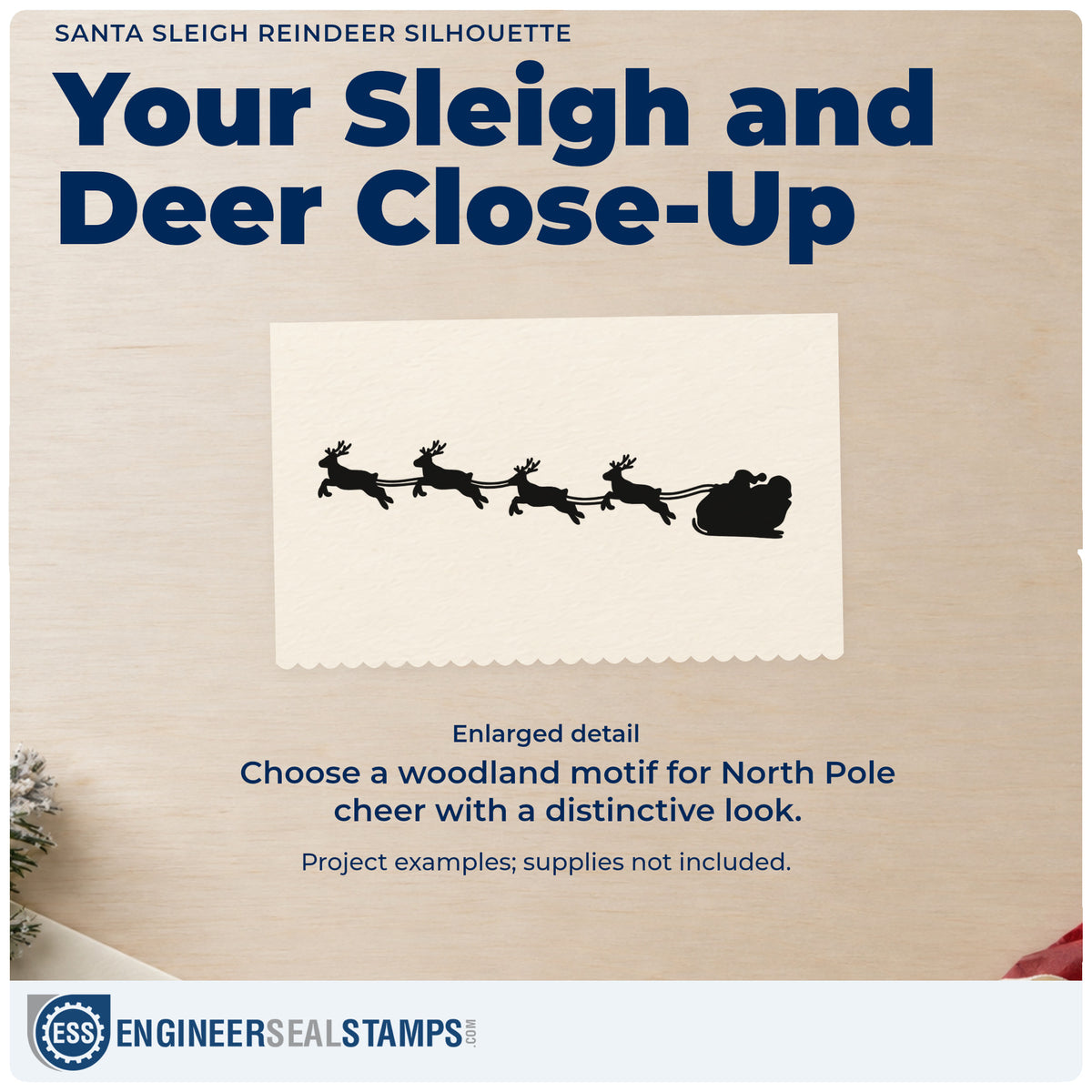 Enlarged detail of the Slim Pre-Inked Santa Sleigh Reindeer Silhouette Stamp imprint. Four reindeer pull Santa's sleigh in a horizontal silhouette.