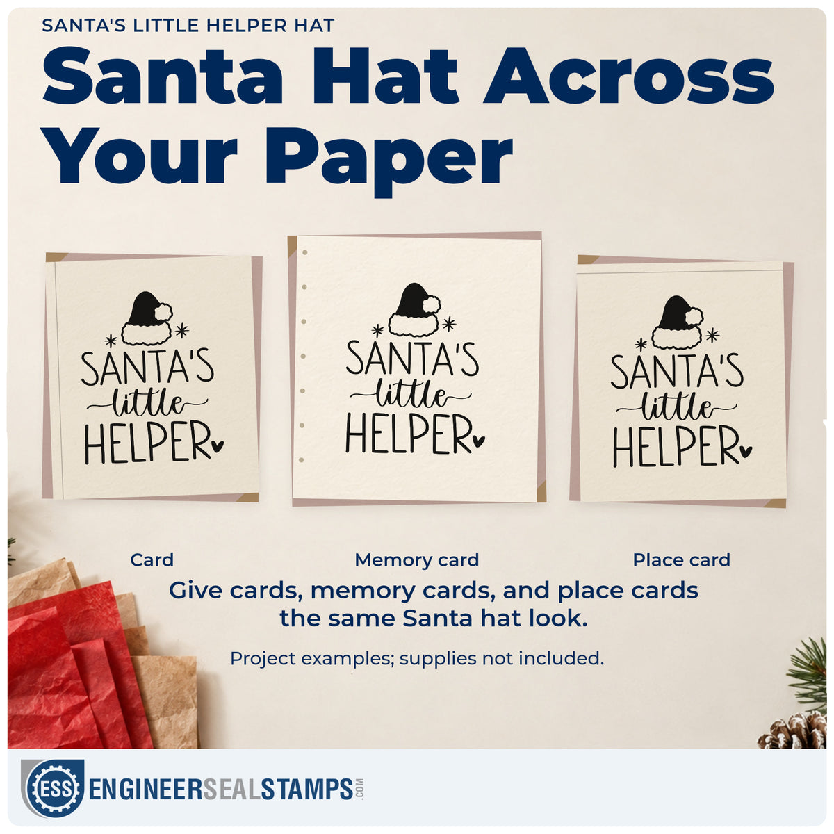 Three project examples made with the Santa's Little Helper Hat Hand Stamp – Duo, including chore chart header.