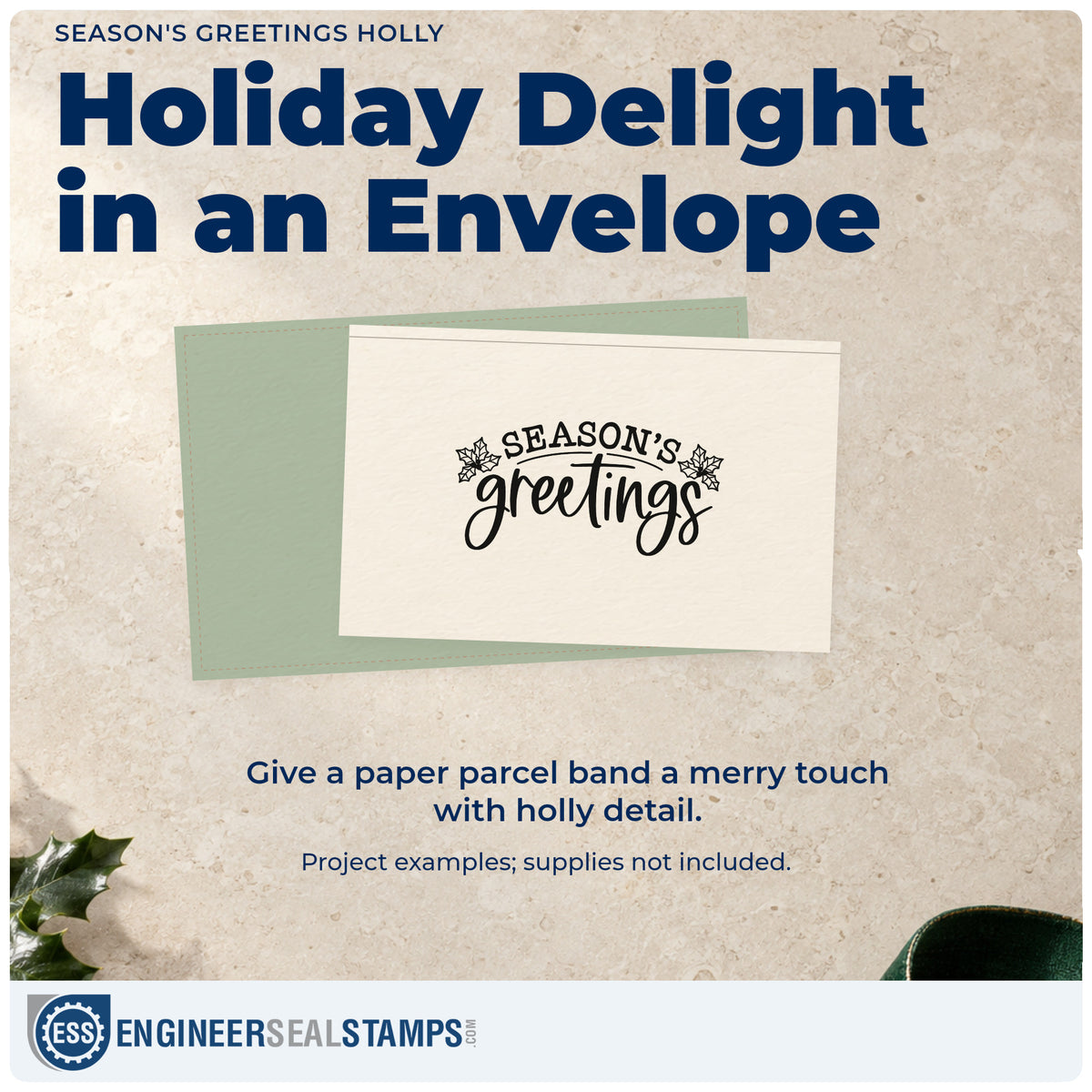 A finished handmade project stamped with the Season's Greetings Holly Rubber Stamp – Wood Handle, ideal for proof book album page.