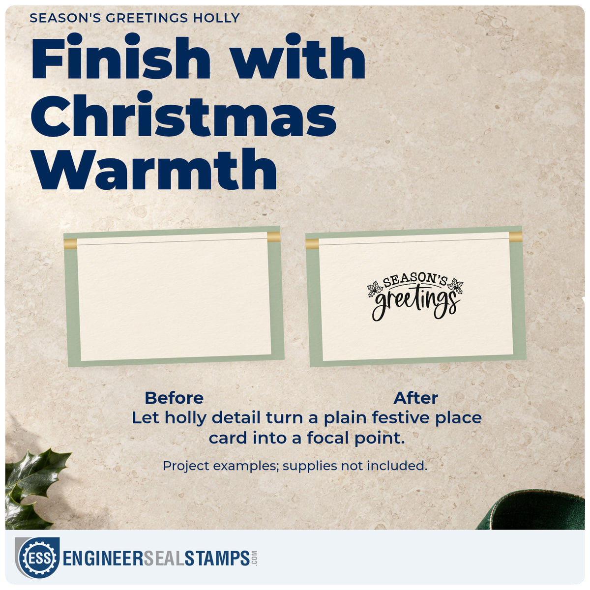 Before and after of a plain item finished with the Season's Greetings Holly Pre-Inked Stamp – PSI, a quick upgrade for framed studio sign.