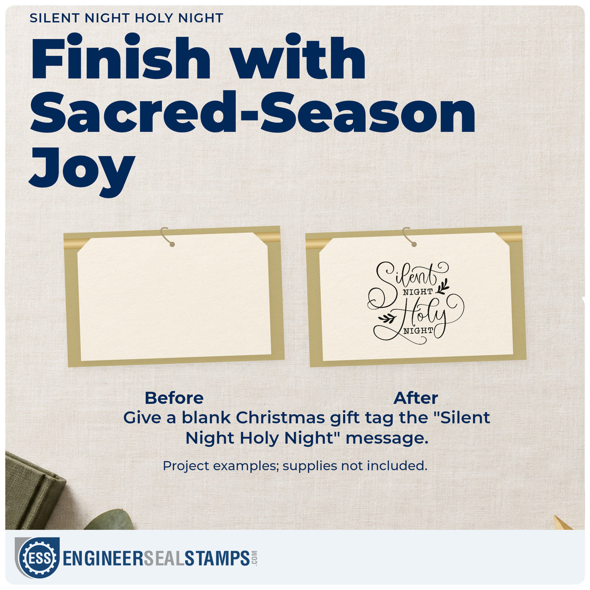 Before and after of a plain item finished with the Silent Night Holy Night Rubber Stamp – Duo Hand, a quick upgrade for framed quiet room.