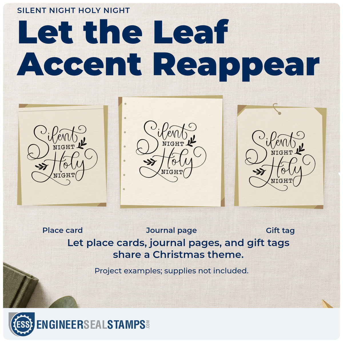 Three project examples made with the Silent Night Holy Night Stamp – Self-Inking, including visit log sheet.
