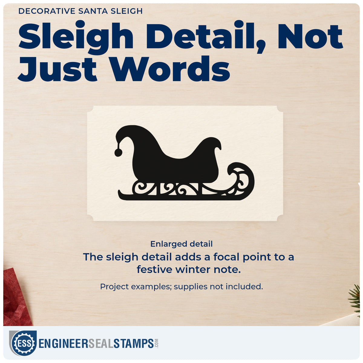 Enlarged detail of the Decorative Santa Sleigh Stamp – PSI Pre-Inked imprint. A dark Santa sleigh silhouette features curled runners and a drooping front tip.