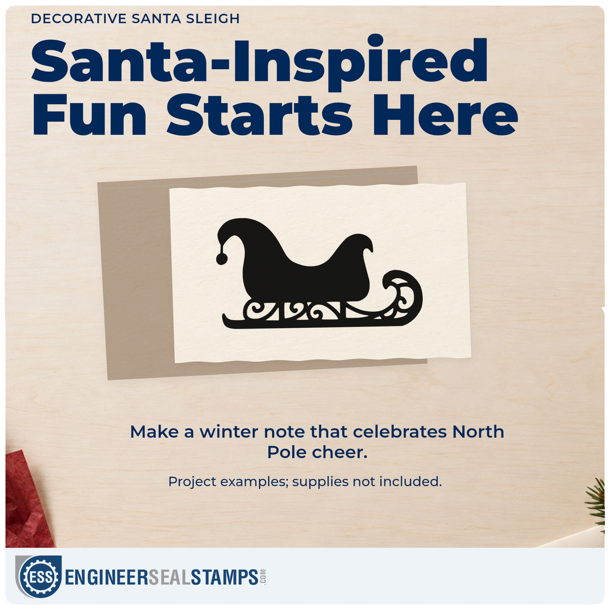 A finished handmade project stamped with the Decorative Santa Sleigh Stamp – PSI Pre-Inked, ideal for repeat motif paper.