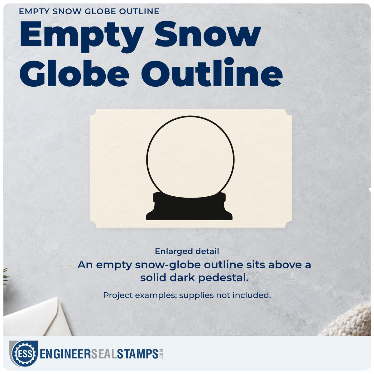 Enlarged detail of the Vintage Pro Empty Snow Globe Outline Premium Wooden Stamp imprint. An empty circular snow globe outline sits on a solid dark pedestal base.