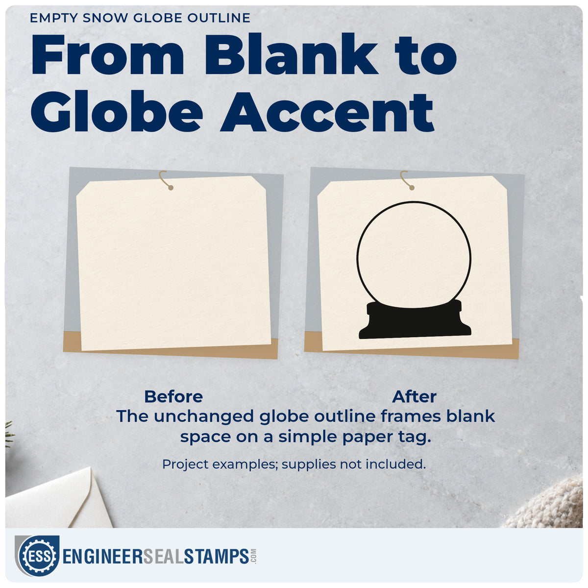 Before and after of a plain item finished with the Empty Snow Globe Outline Hand Stamp – Duo, a quick upgrade for framed monogram globe.
