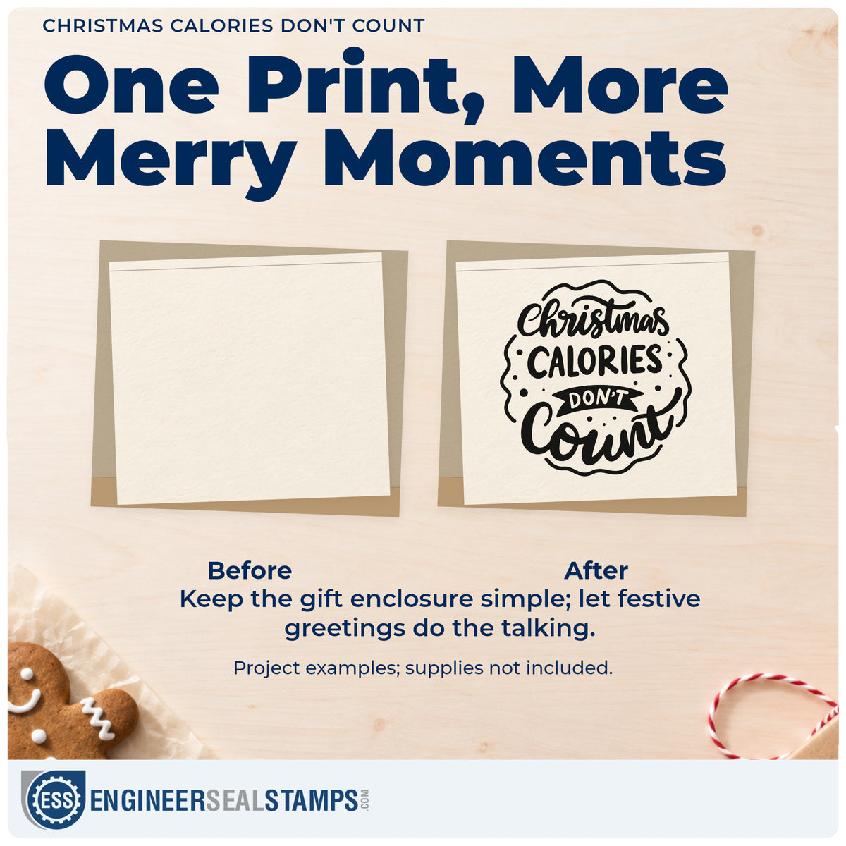 Before and after of a plain item finished with the Christmas Calories Don't Count Ribbon Lettering Pre-Inked Stamp – PSI, a quick upgrade for framed buffet wall.