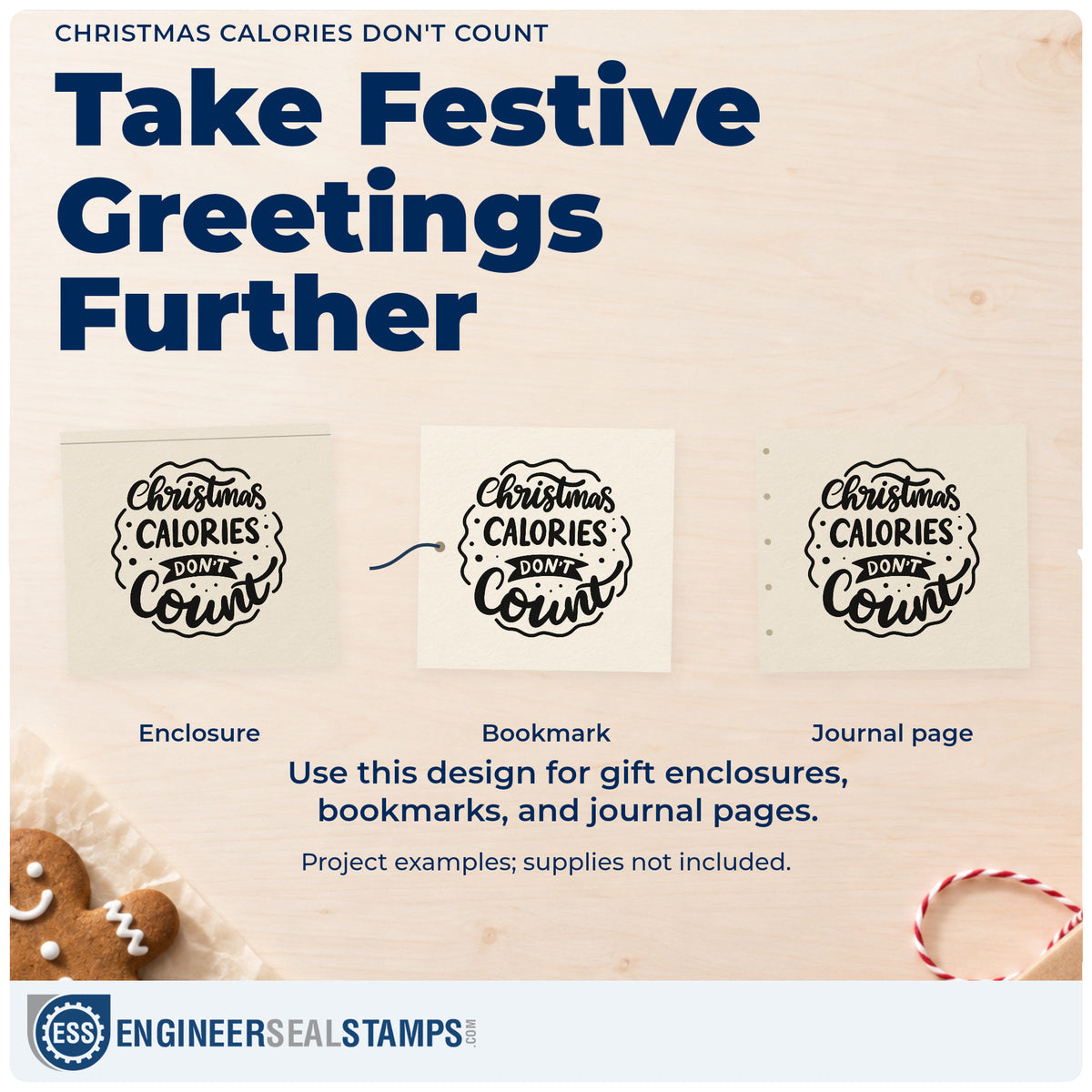 Three project examples made with the Christmas Calories Don't Count Ribbon Lettering Rubber Stamp – Duo Hand, including potluck sign sheet.