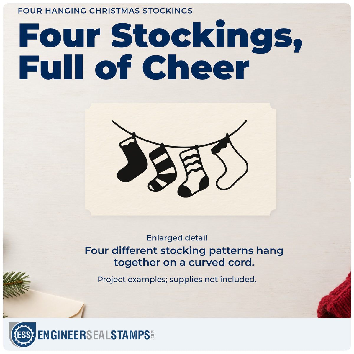 Enlarged detail of the Pre-Inked Four Stockings On A String Stamp – PSI imprint. Four differently patterned stockings hang from a curved cord.