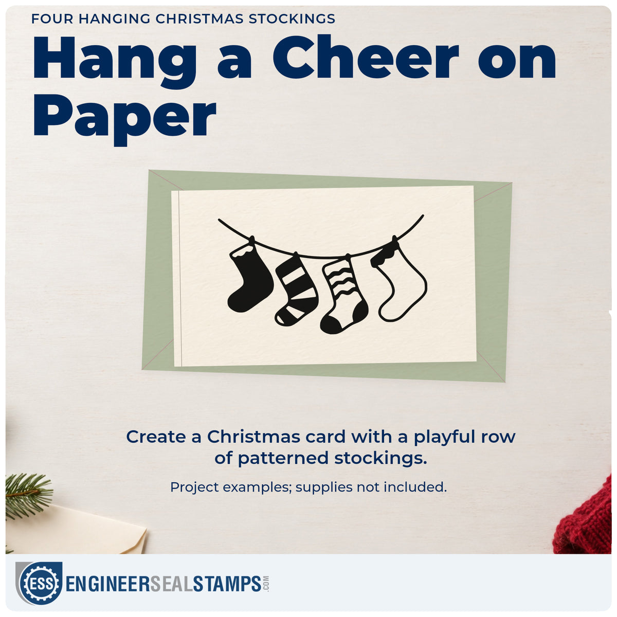 A finished handmade project stamped with the Four Stockings On A String Rubber Stamp – Wood Handle, ideal for mantel album page.