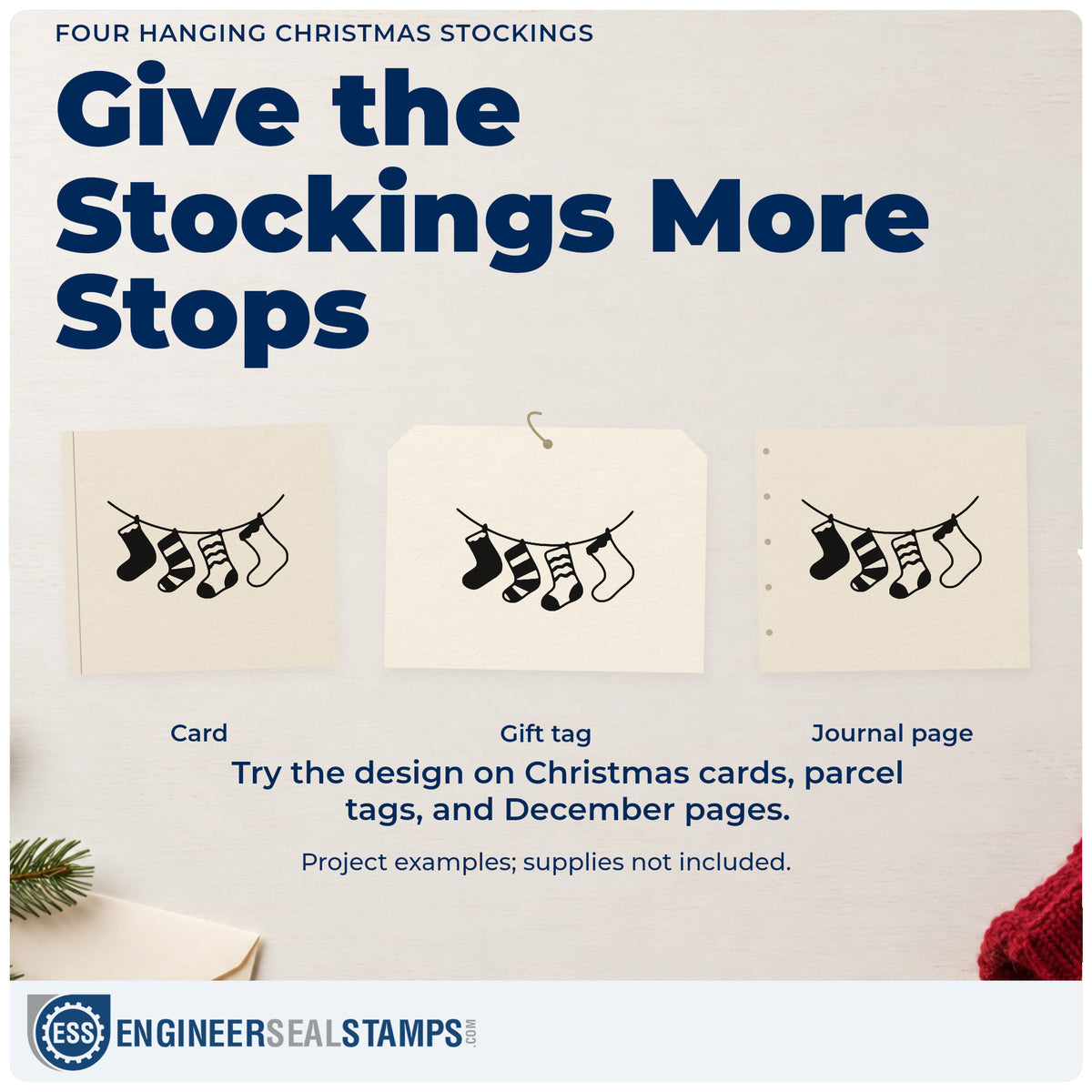 Three project examples made with the Four Stockings On A String Craft Stamp – Self-Inking, including family count chart.