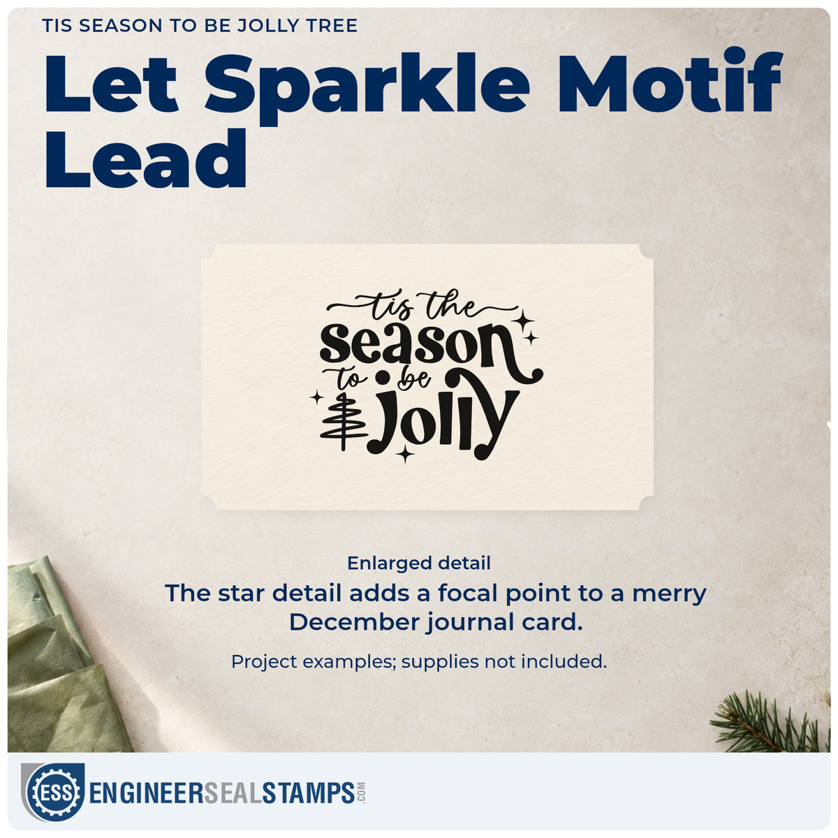 Enlarged detail of the Tis Season To Be Jolly Tree With Sparkles Self-Inking Stamp imprint. “Tis the Season to Be Jolly” features a line-drawn tree and small sparkles.