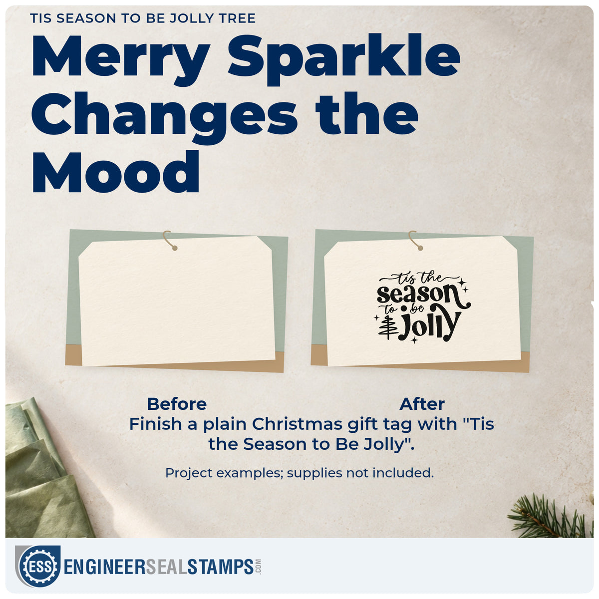 Before and after of a plain item finished with the Tis Season To Be Jolly Tree With Sparkles PSI Pre-Inked Stamp, a quick upgrade for framed entry bench.
