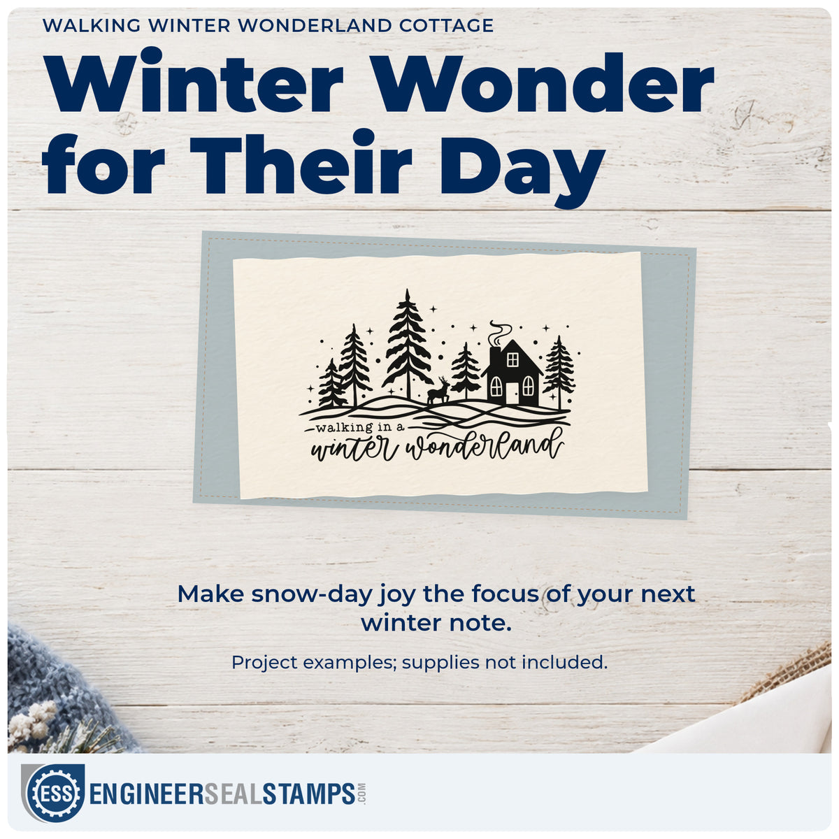 A finished handmade project stamped with the PSI Pre-Inked Walking Winter Wonderland Cottage Stamp, ideal for neighborhood album.
