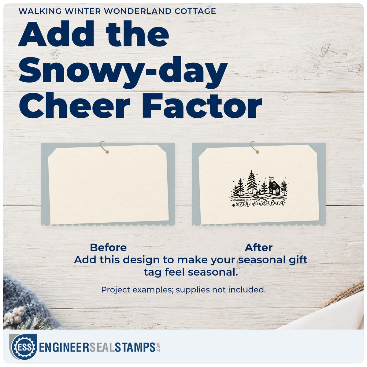 Before and after of a plain item finished with the Walking Winter Wonderland Cottage Duo Hand Stamp, a quick upgrade for framed stairway art.