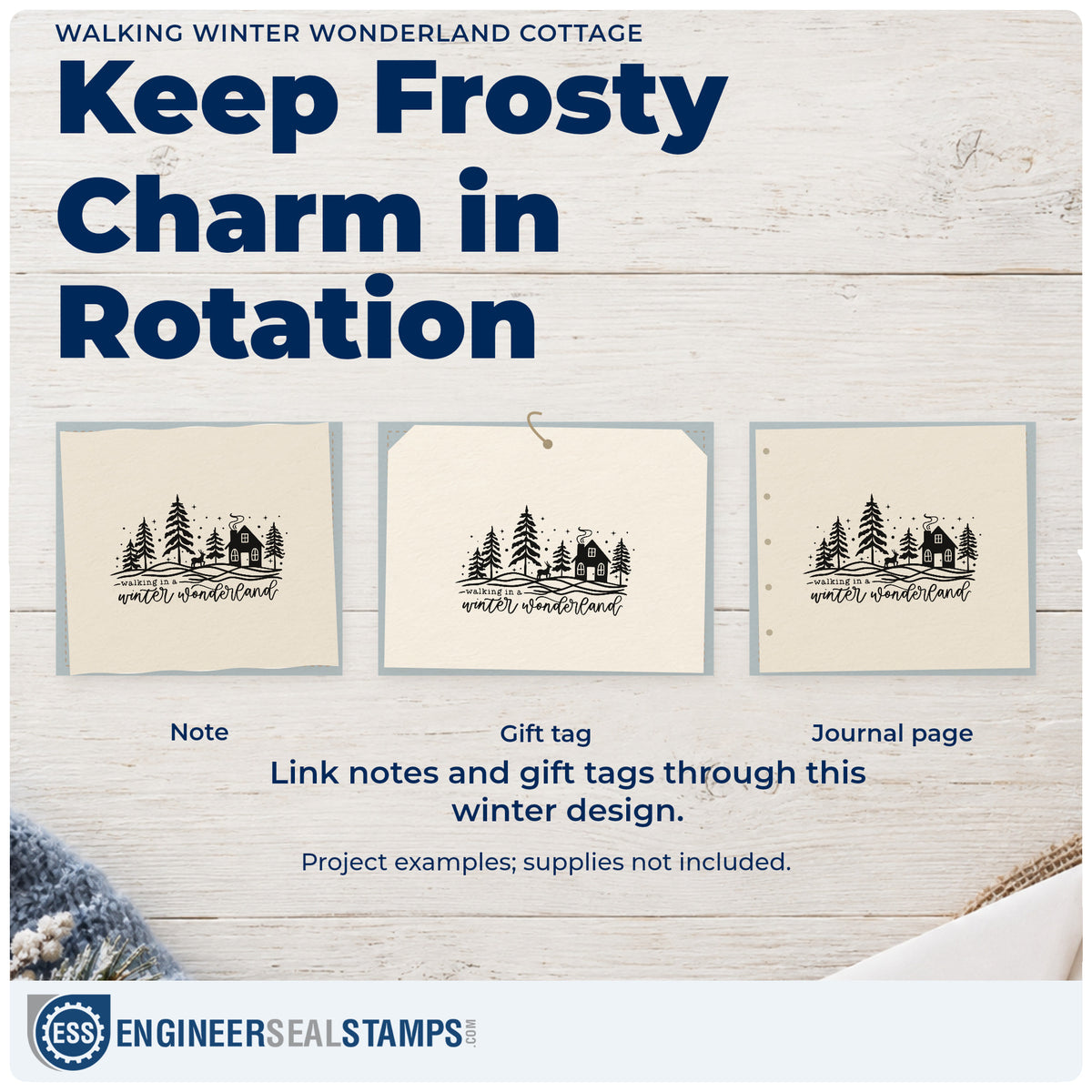 Three project examples made with the Walking Winter Wonderland Cottage Duo Hand Stamp, including moving checklist page.