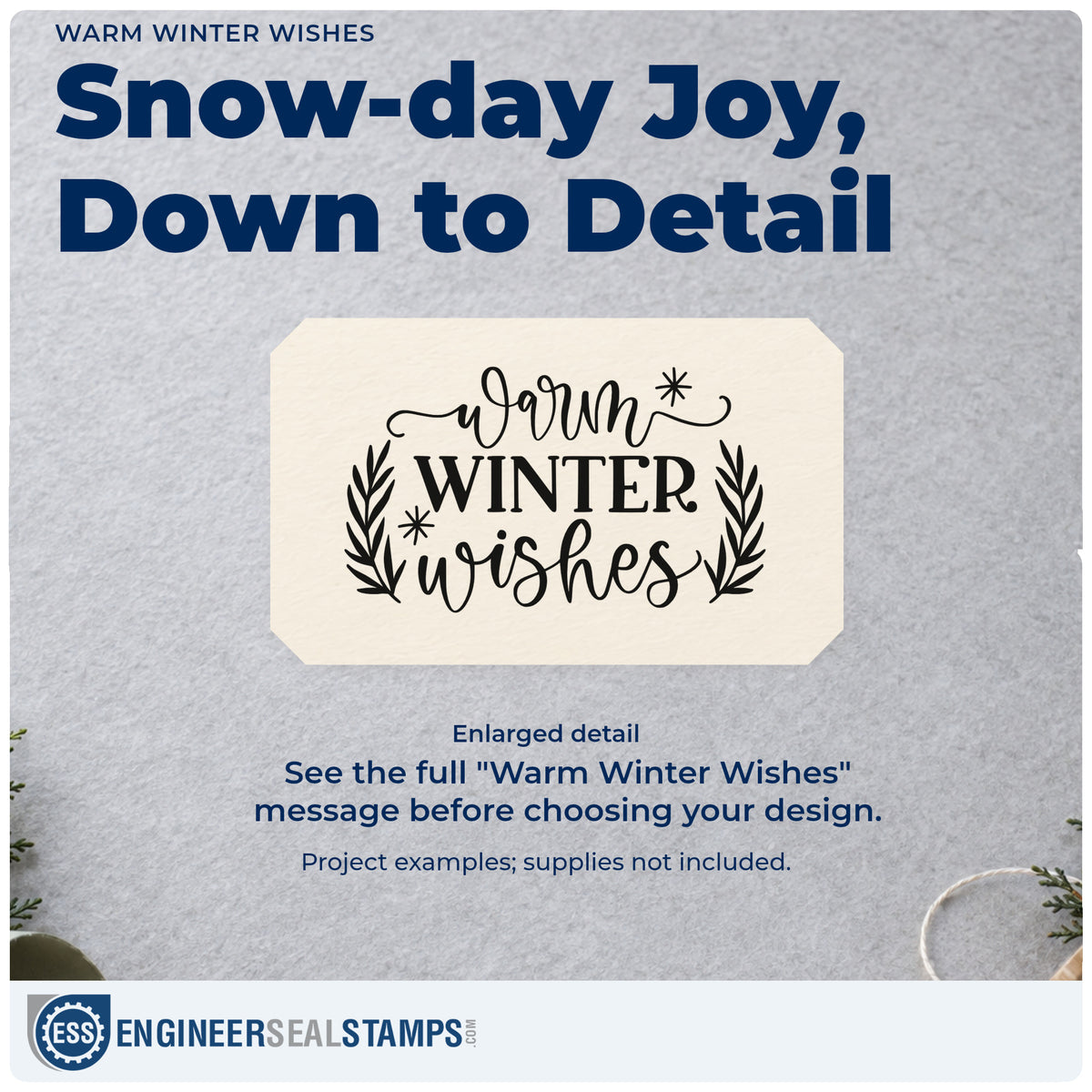 Enlarged detail of the Warm Winter Wishes Pine Motif Pre-Inked Stamp – PSI imprint. “Warm Winter Wishes” appears between evergreen sprigs with stars.