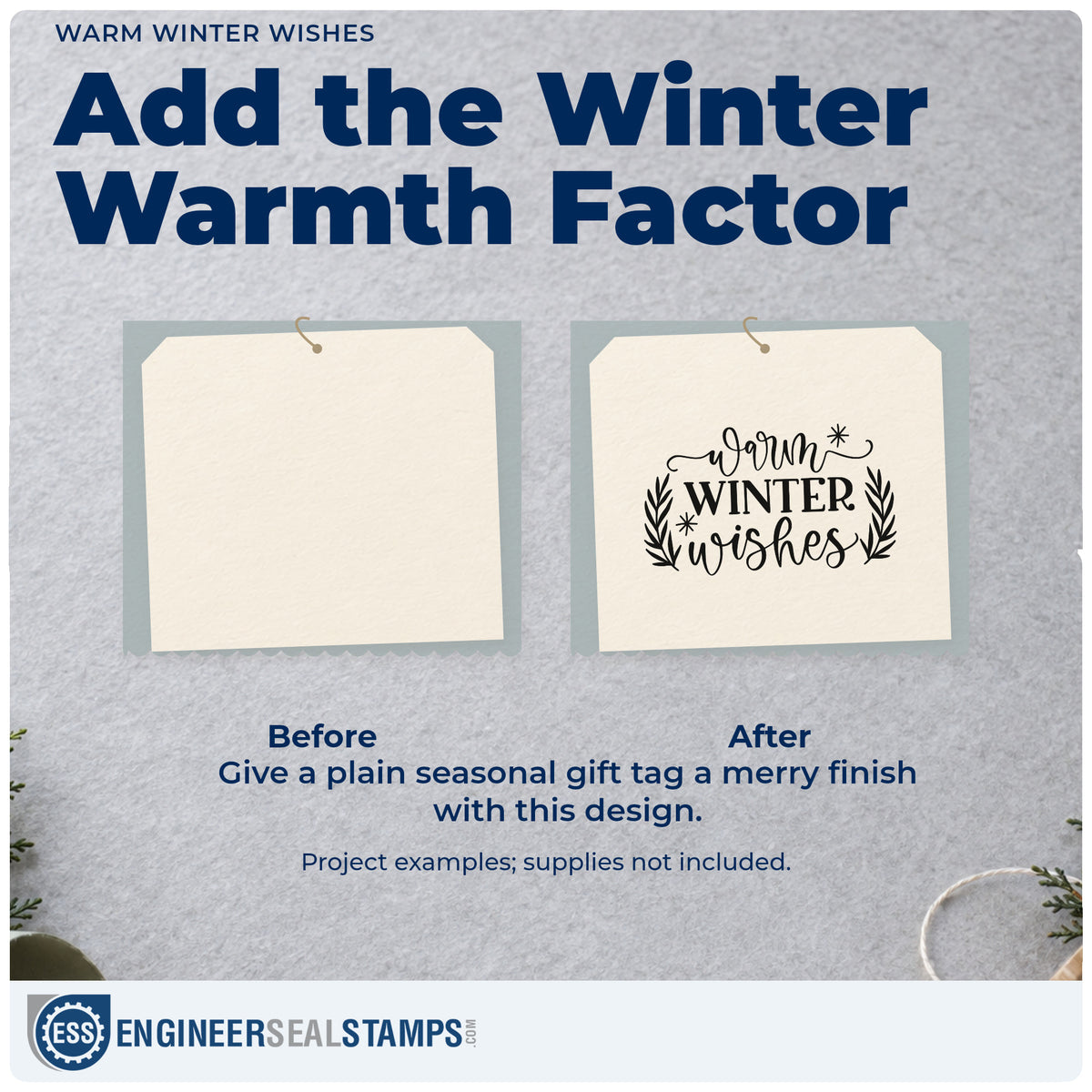 Before and after of a plain item finished with the Warm Winter Wishes Pine Motif Pre-Inked Stamp – PSI, a quick upgrade for framed front hall.