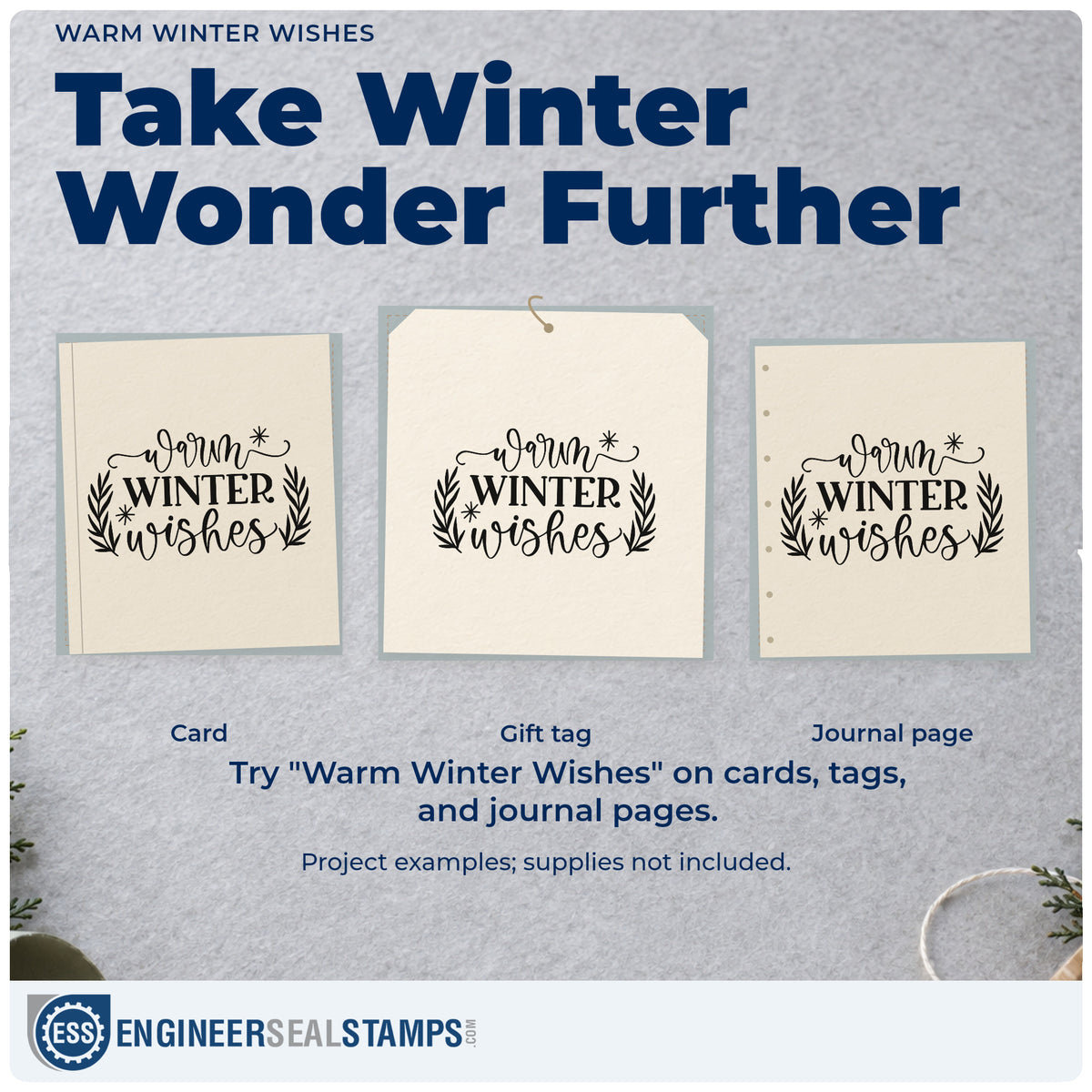 Three project examples made with the Warm Winter Wishes Pine Motif Pre-Inked Stamp – PSI, including contact list sheet.