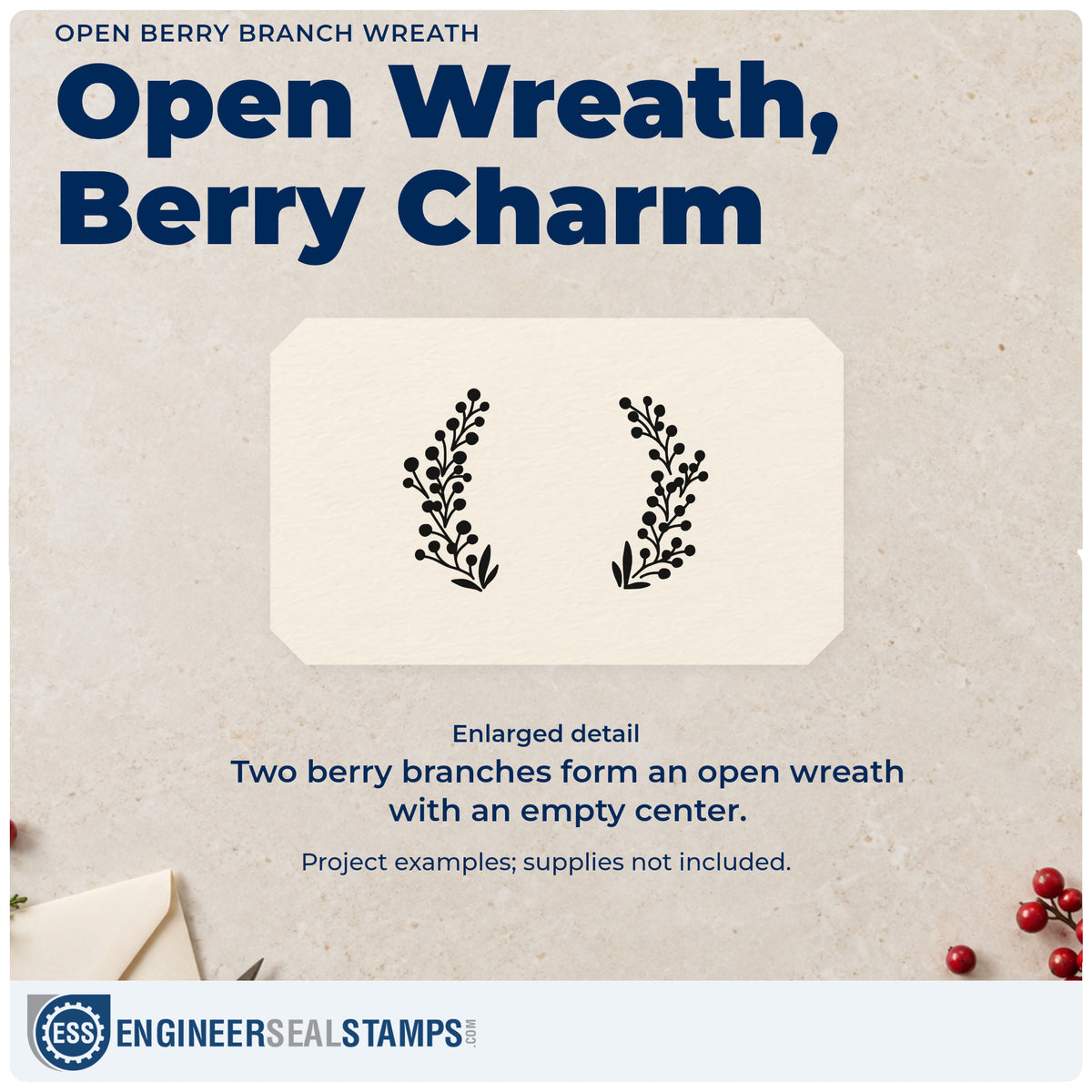Enlarged detail of the Open Berry Branch Wreath Hand Stamp – Duo imprint. Two curved berry-bearing branches form an open wreath with an empty center.