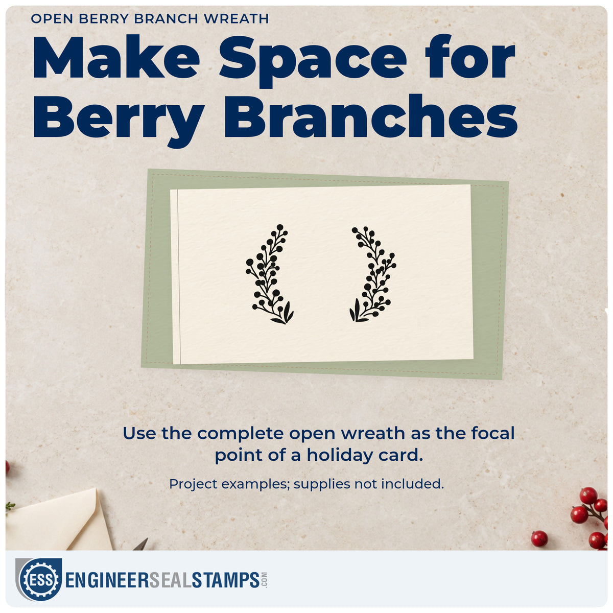 A finished handmade project stamped with the Open Berry Branch Wreath PSI Pre-Inked Stamp, ideal for logo ring album page.