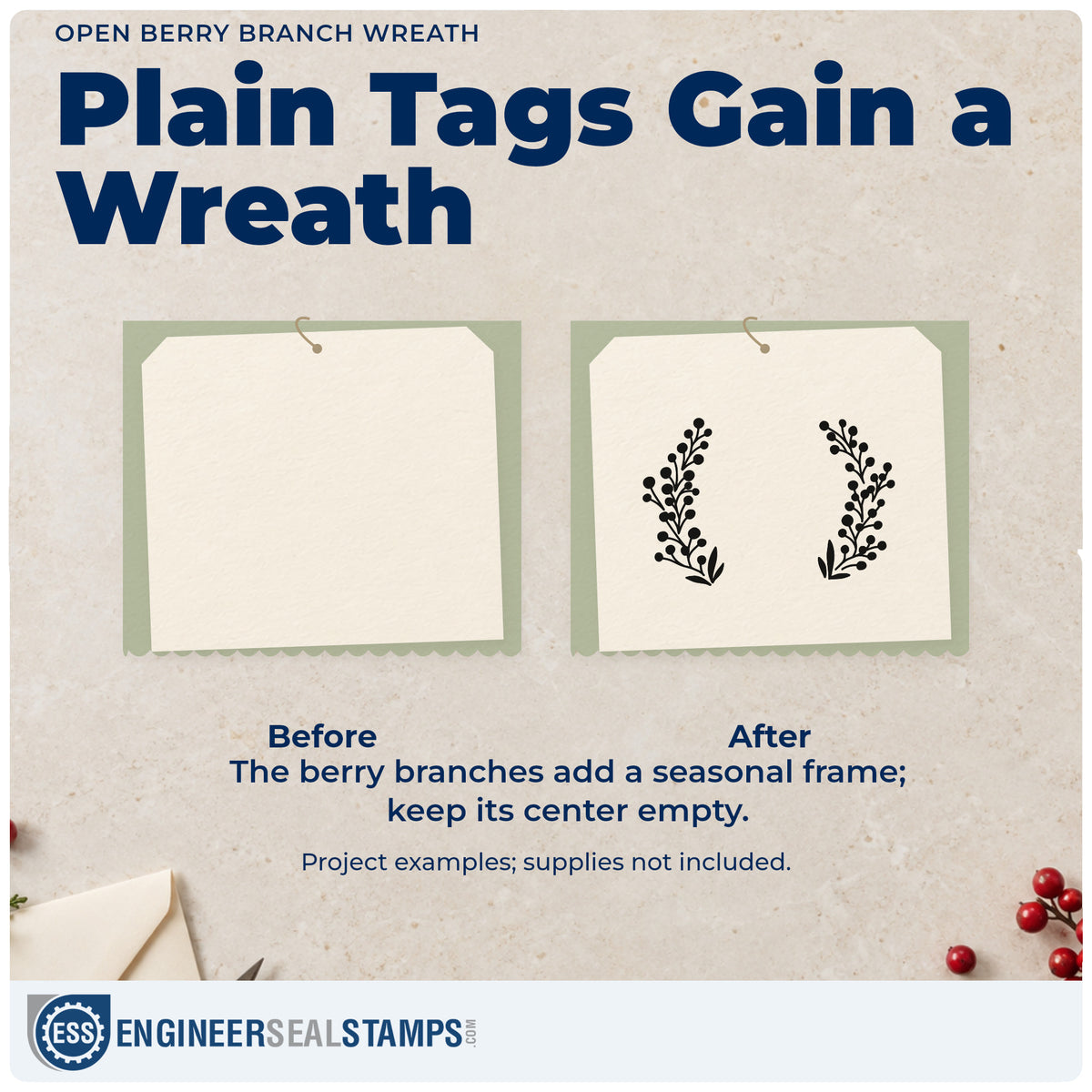 Before and after of a plain item finished with the Open Berry Branch Wreath Self-Inking Stamp, a quick upgrade for framed initial piece.