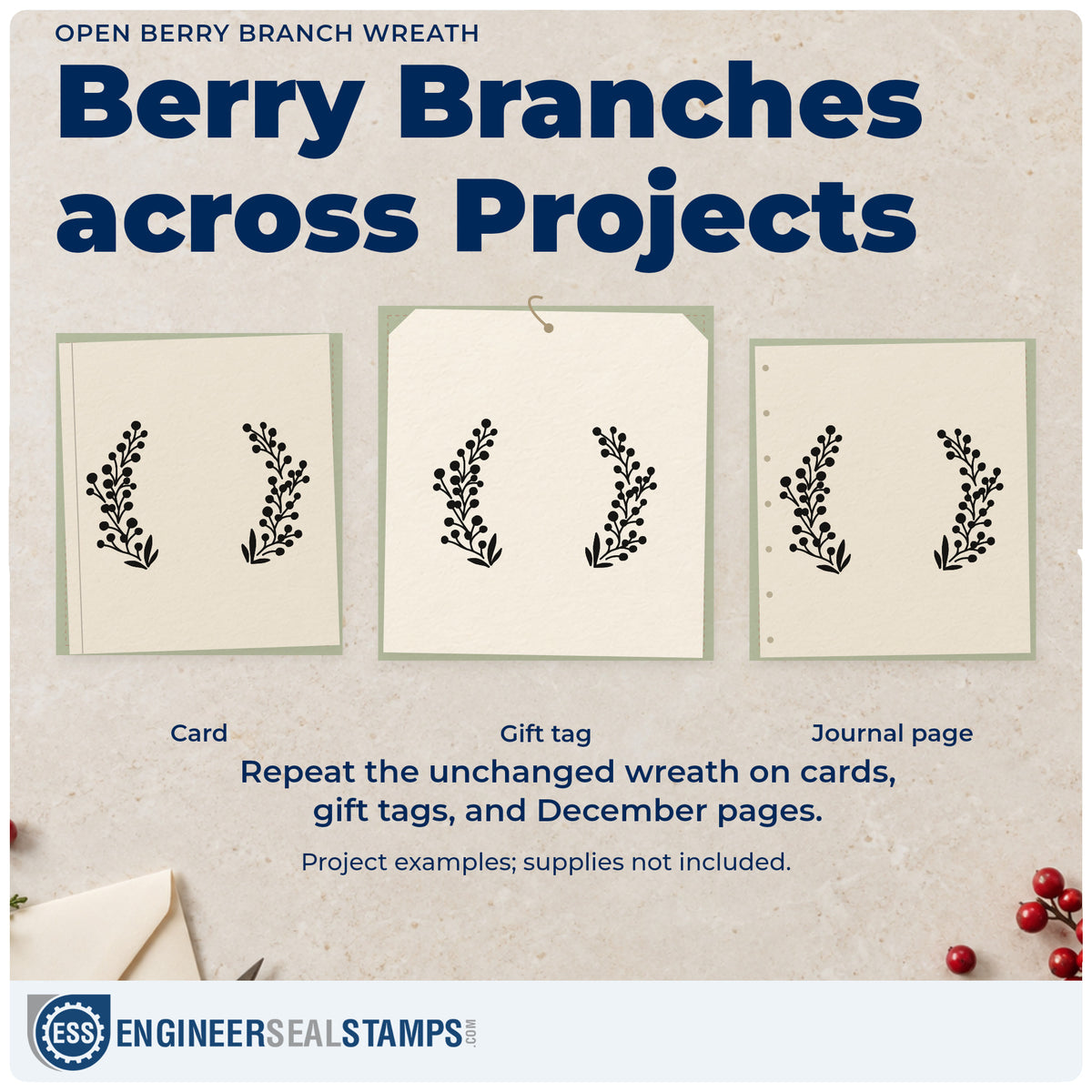 Three project examples made with the Open Berry Branch Wreath Hand Stamp – Duo, including date stamp planner.