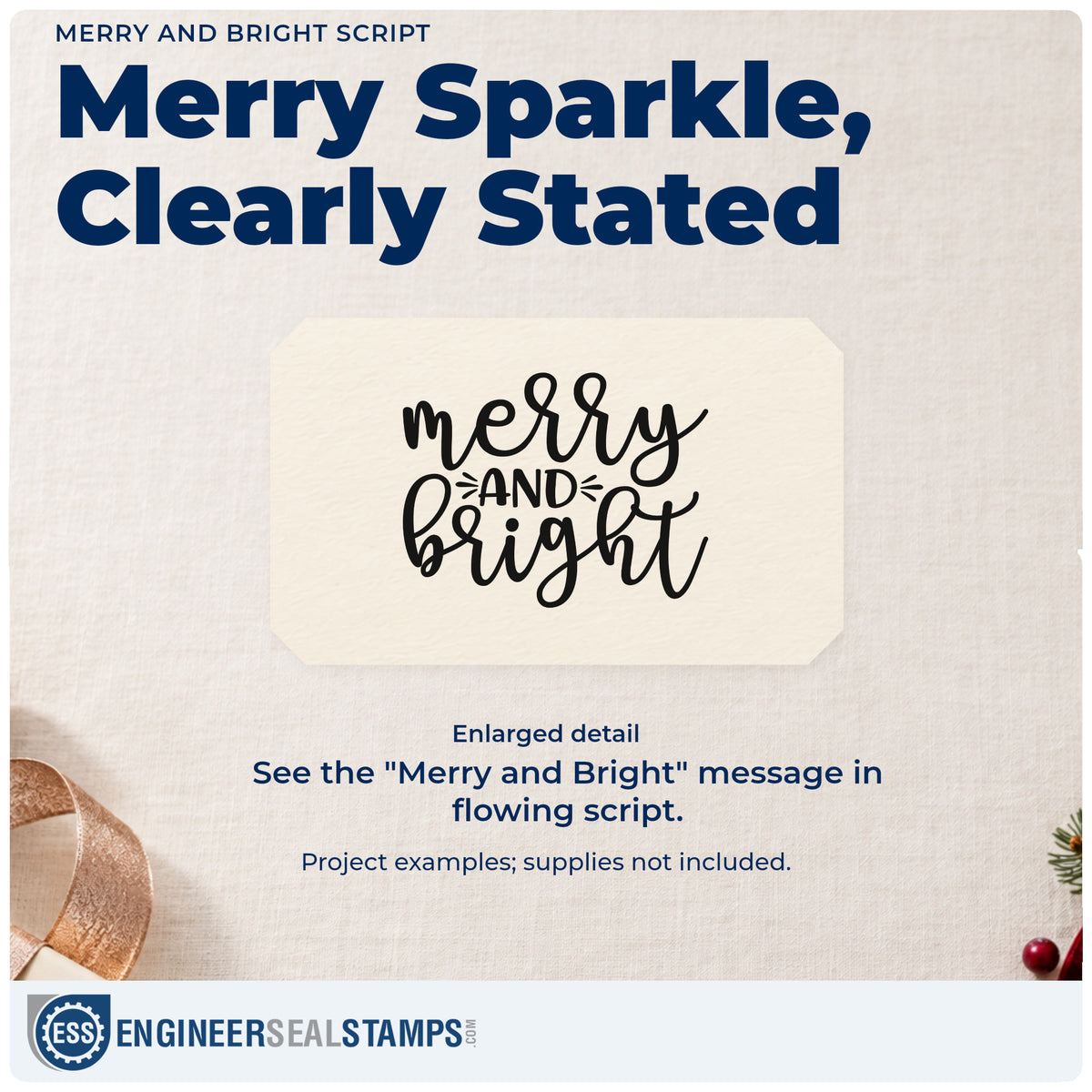 Enlarged detail of the Merry And Bright Slim Pre-Inked Stamp imprint. “Merry and Bright” appears in thick flowing script with short accent rays.