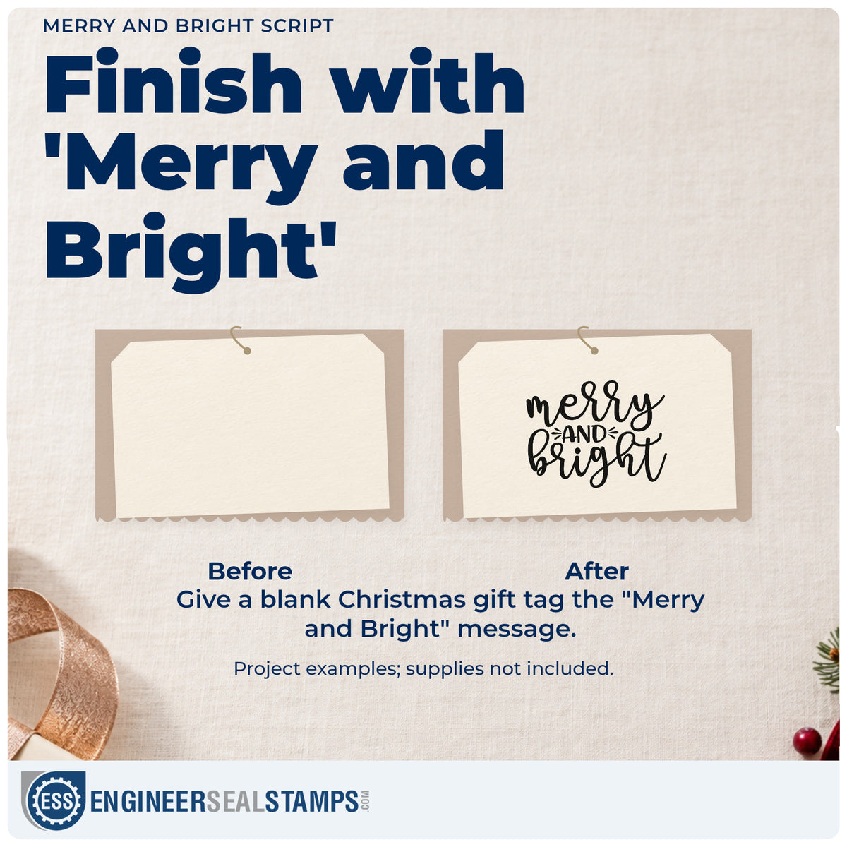 Before and after of a plain item finished with the Merry And Bright Rubber Stamp – Wood Handle, a quick upgrade for framed register wall.