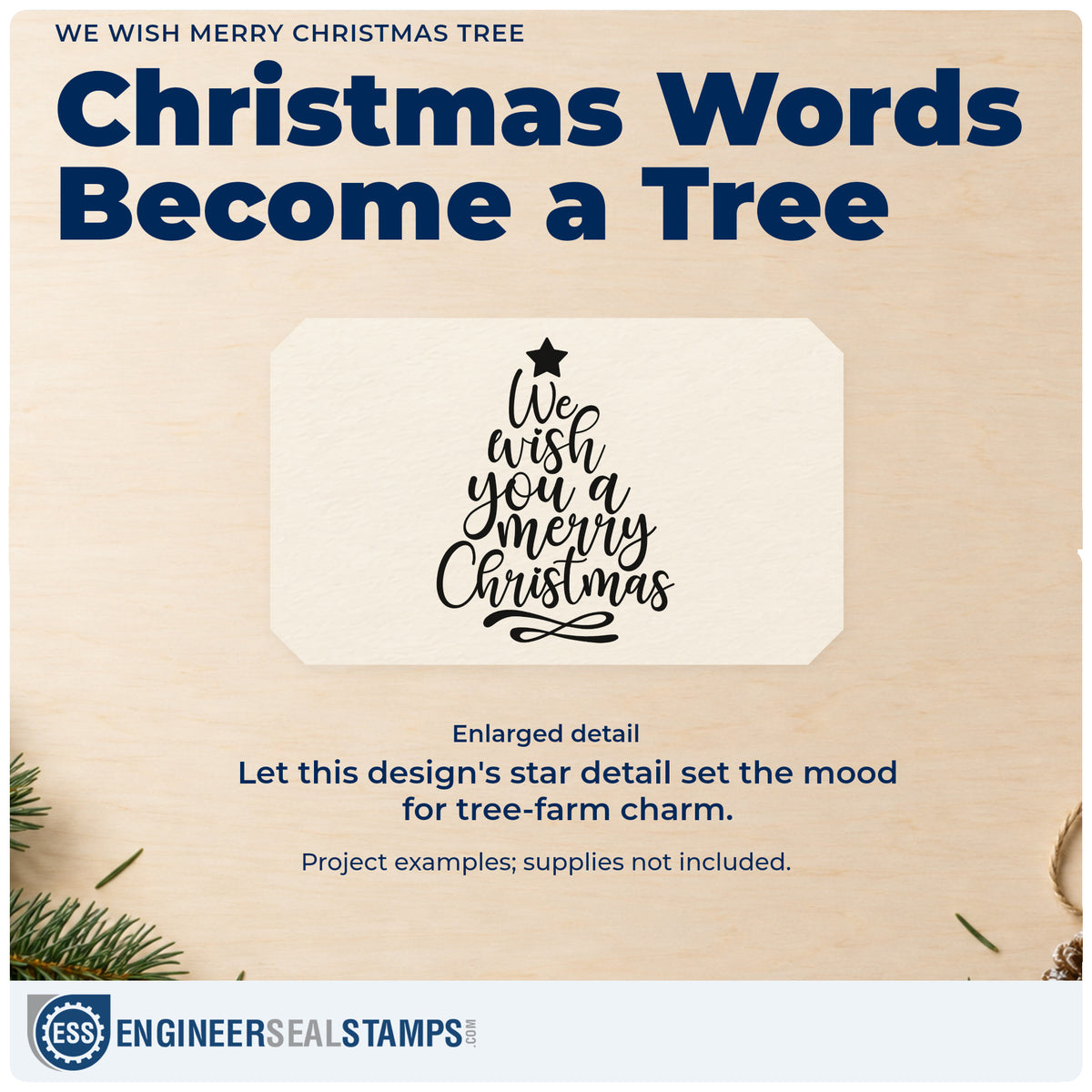 Enlarged detail of the We Wish Merry Christmas Tree Stamp – Self-Inking imprint. “We Wish You a Merry Christmas” forms a tree-shaped stack topped by a star.
