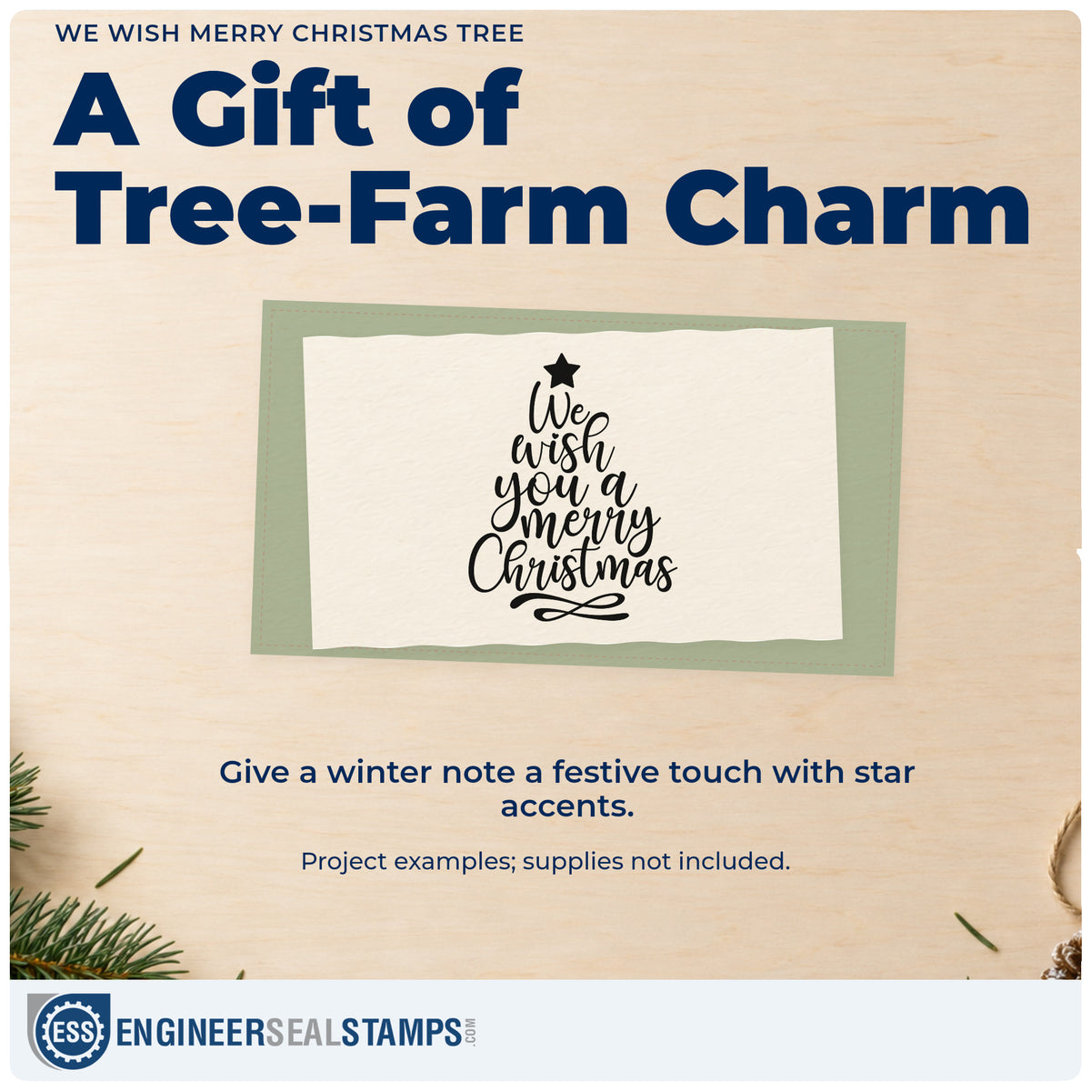 A finished handmade project stamped with the We Wish Merry Christmas Tree PSI Pre-Inked Stamp, ideal for caroling album page.