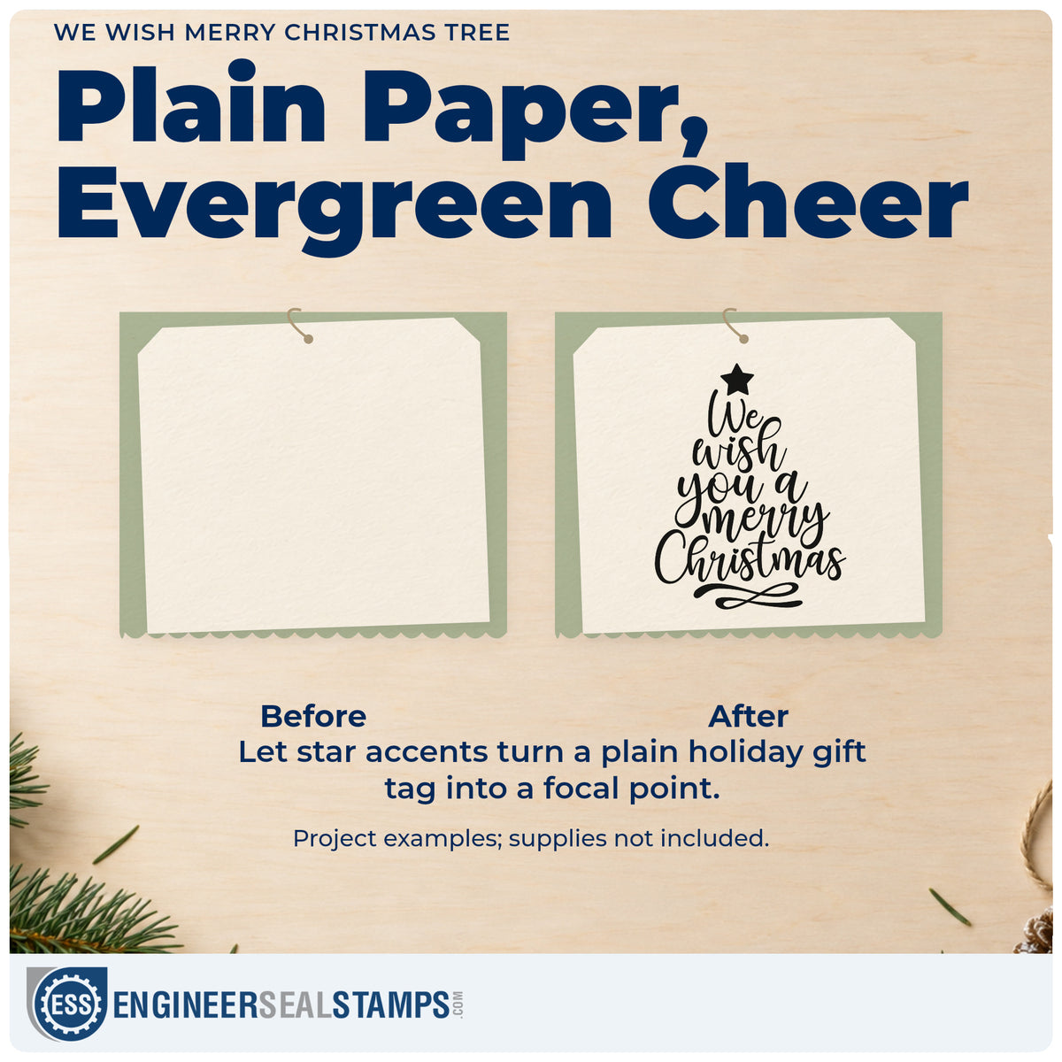 Before and after of a plain item finished with the We Wish Merry Christmas Tree Stamp – Self-Inking, a quick upgrade for framed parlor wall.