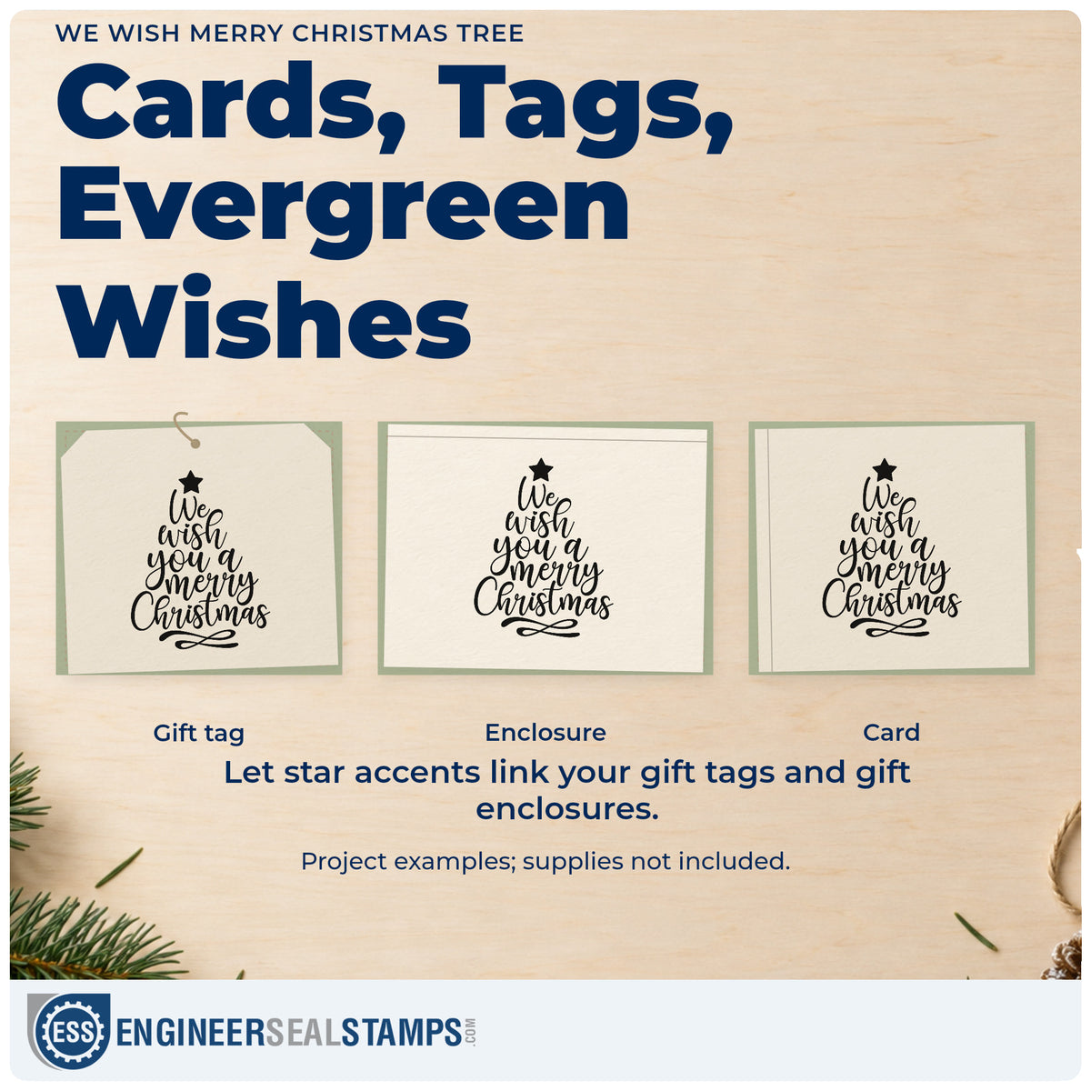 Three project examples made with the We Wish Merry Christmas Tree Stamp – Self-Inking, including route map sheet.