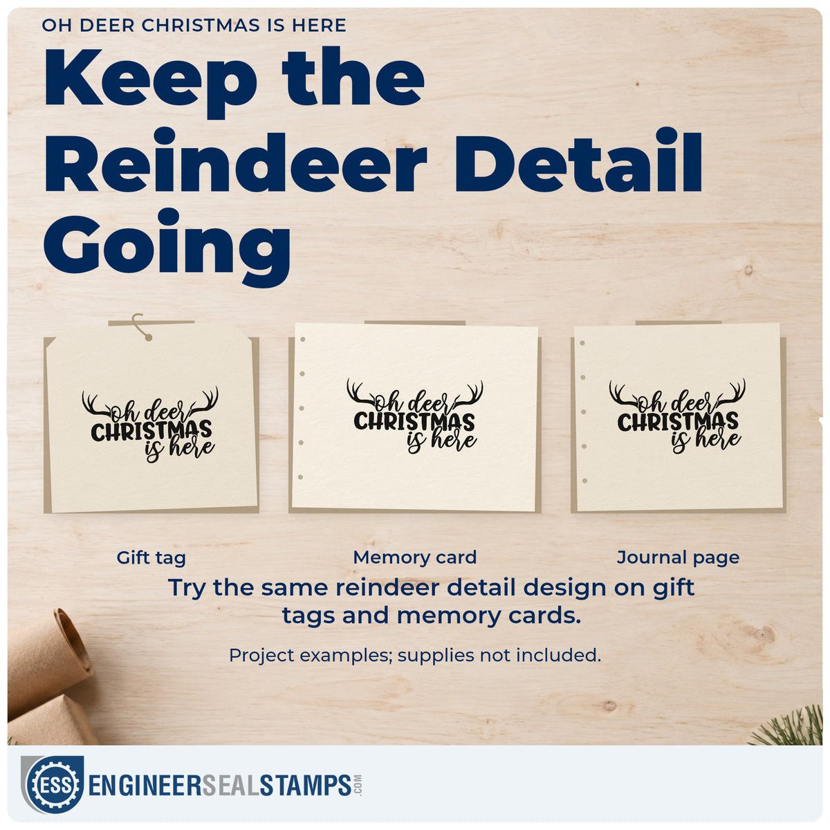 Three project examples made with the Duo Hand Oh Deer Christmas Is Here Antlers Rubber Stamp, including deadline countdown sheet.