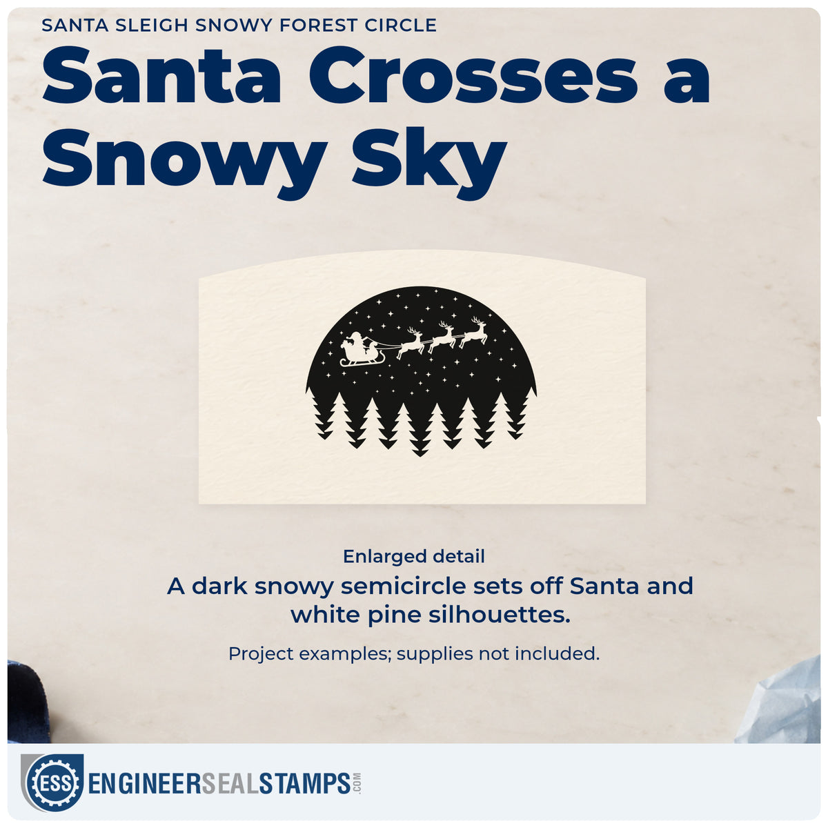 Enlarged detail of the Santa Sleigh Snowy Forest Circle Hand Stamp – Duo imprint. Santa's sleigh and reindeer cross a dark snowy semicircle above negative-space pine silhouettes.